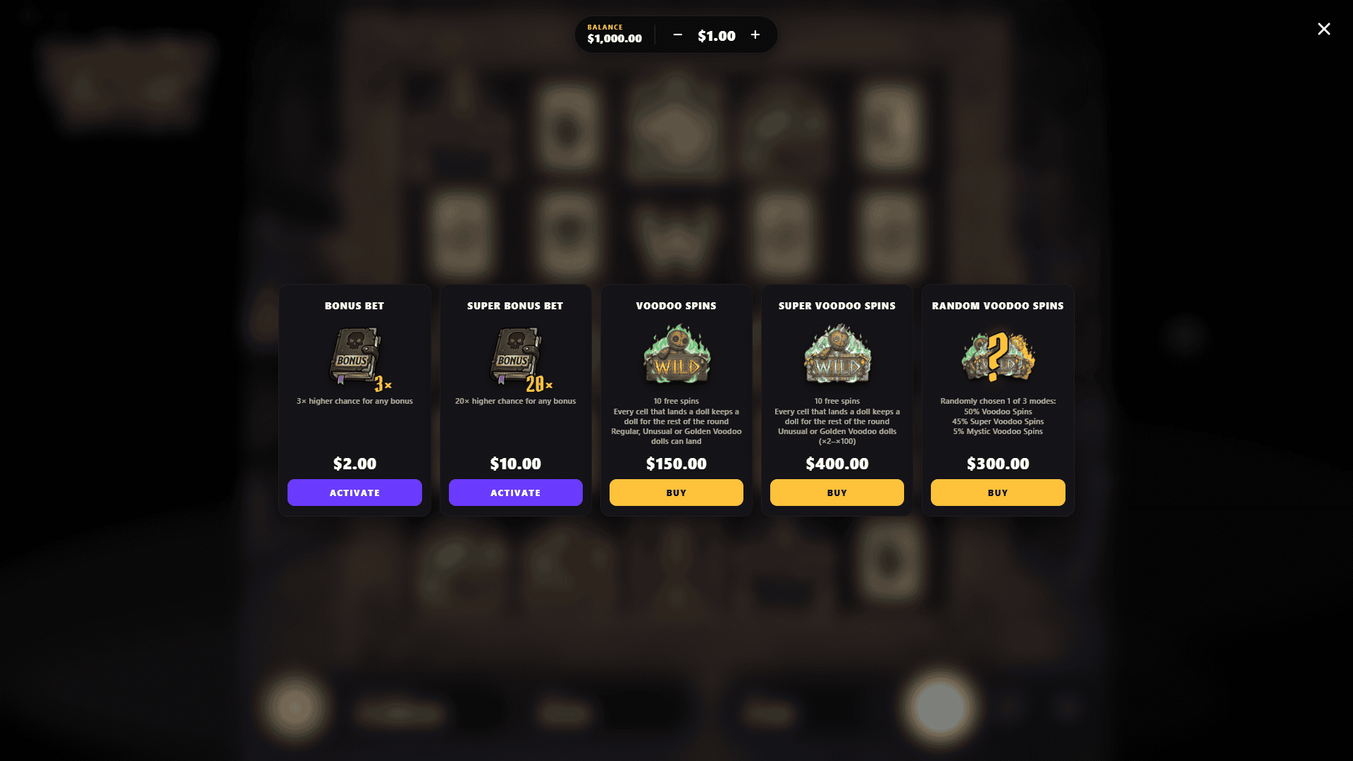 Voodoo Bayou bonus buy menu