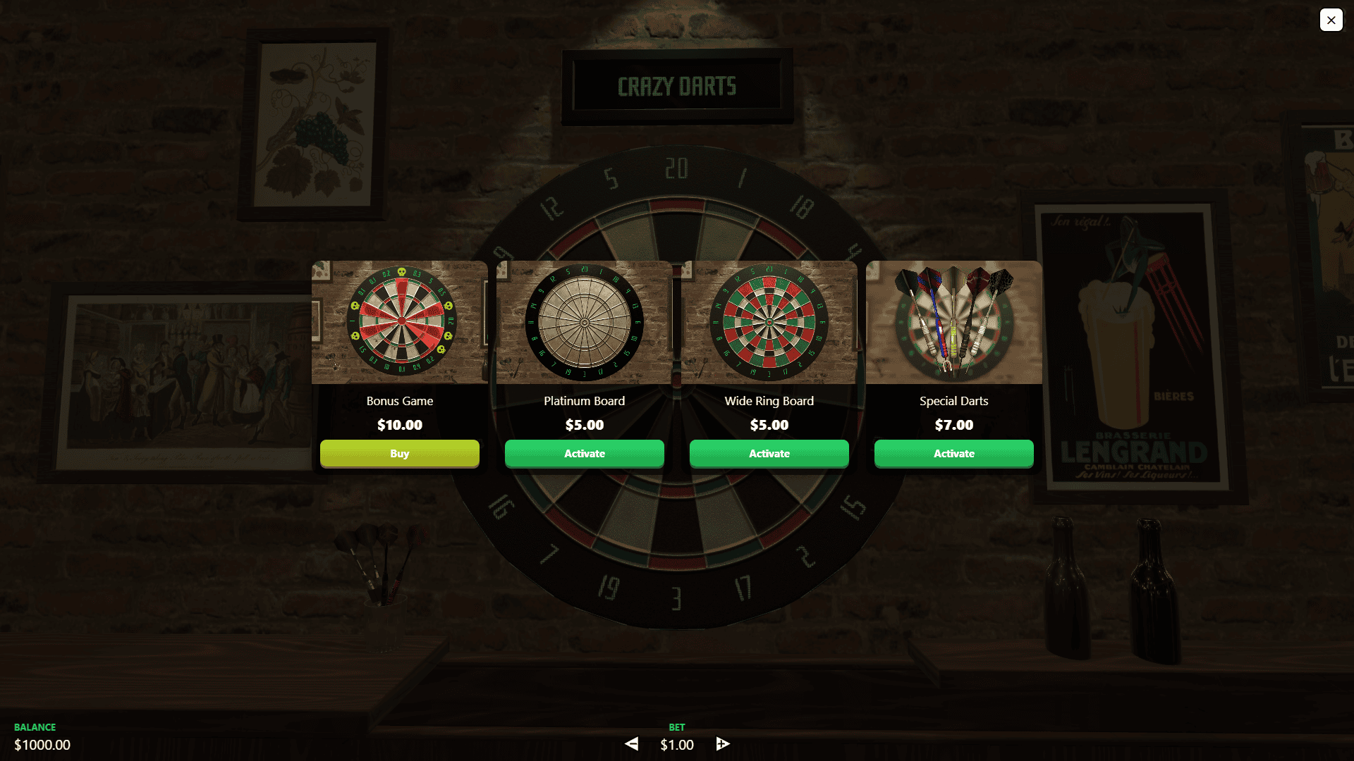 Crazy Darts bonus buy menu