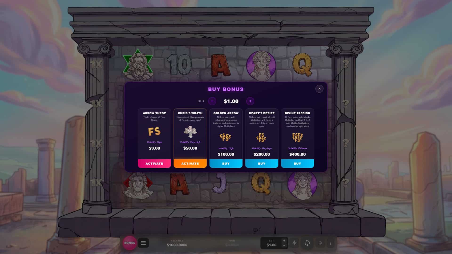Cupidus bonus buy menu
