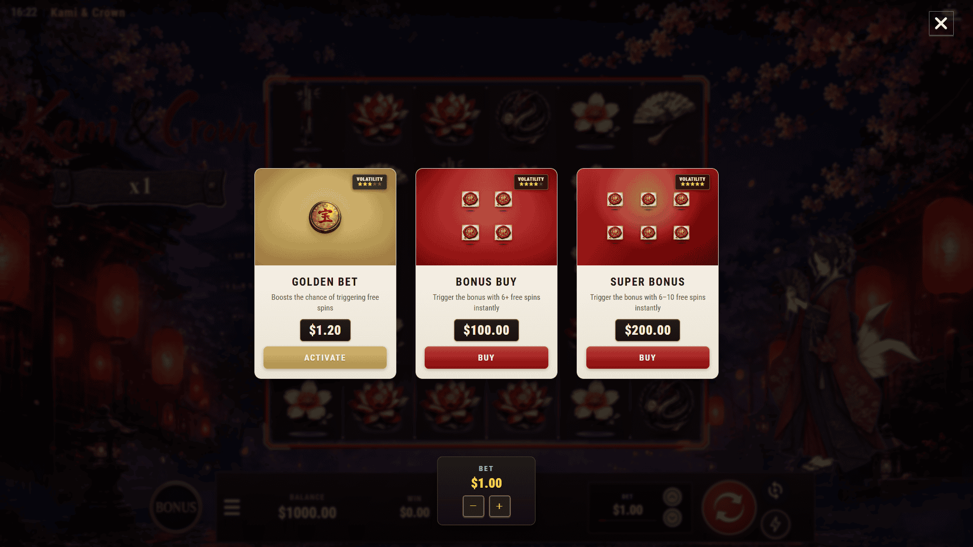 Kami and Crown bonus buy menu