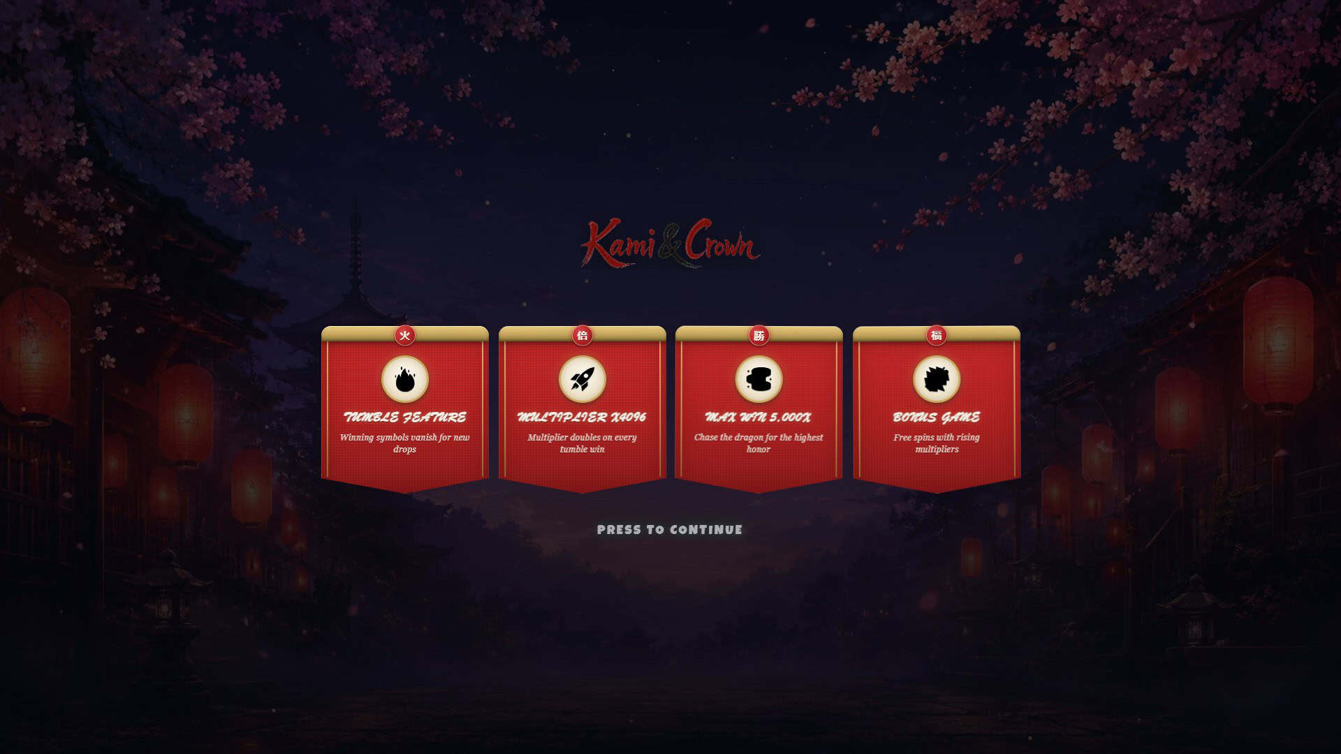 Kami and Crown slot intro screen