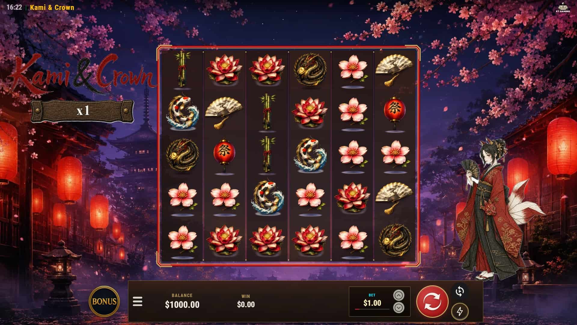 Kami and Crown slot gameplay reels