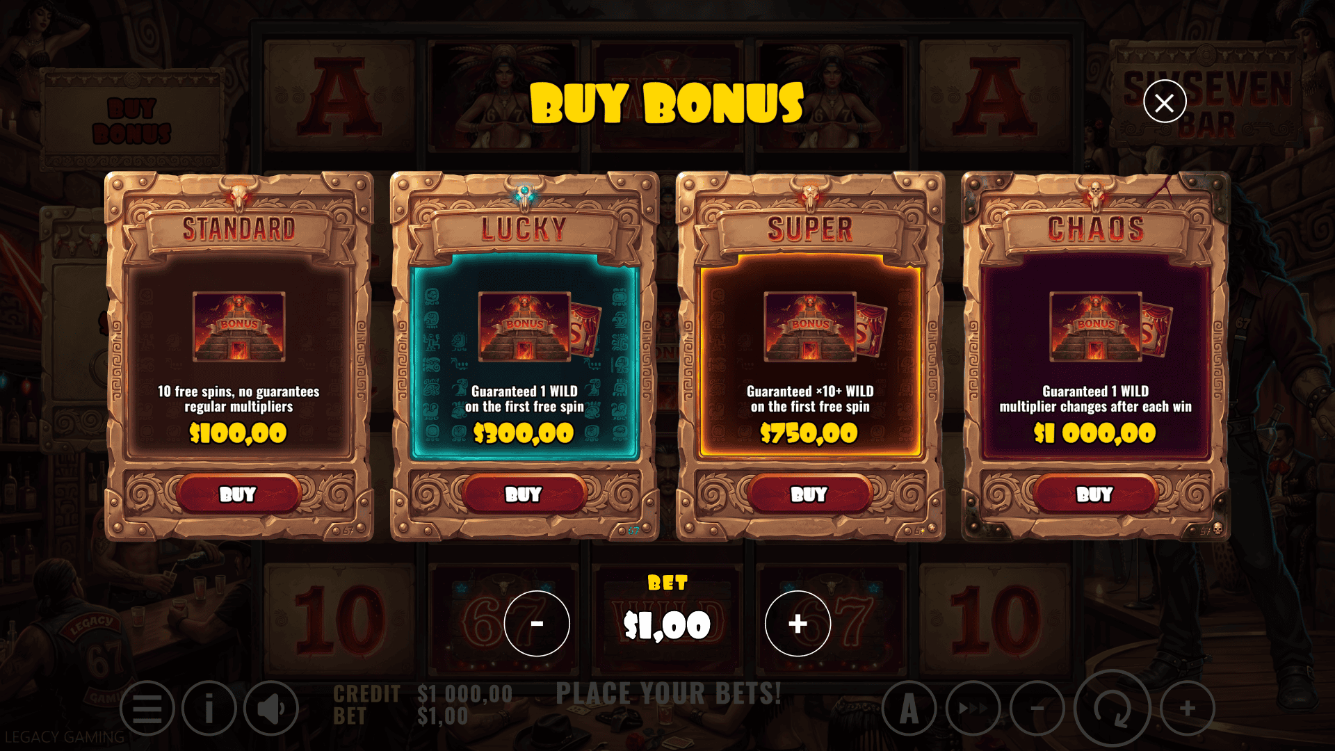 Six Seven Bar bonus buy menu
