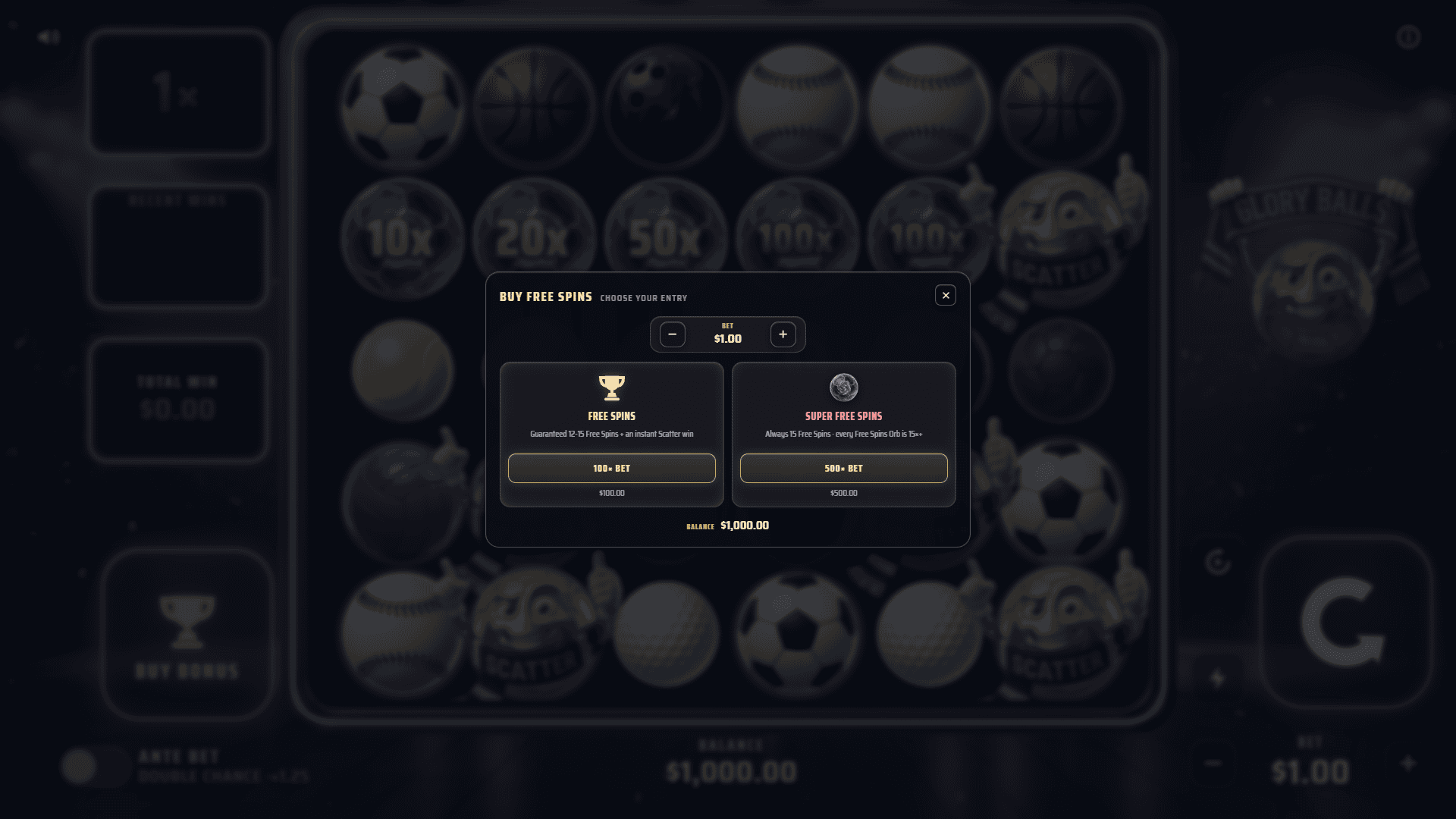 Glory Balls bonus buy menu
