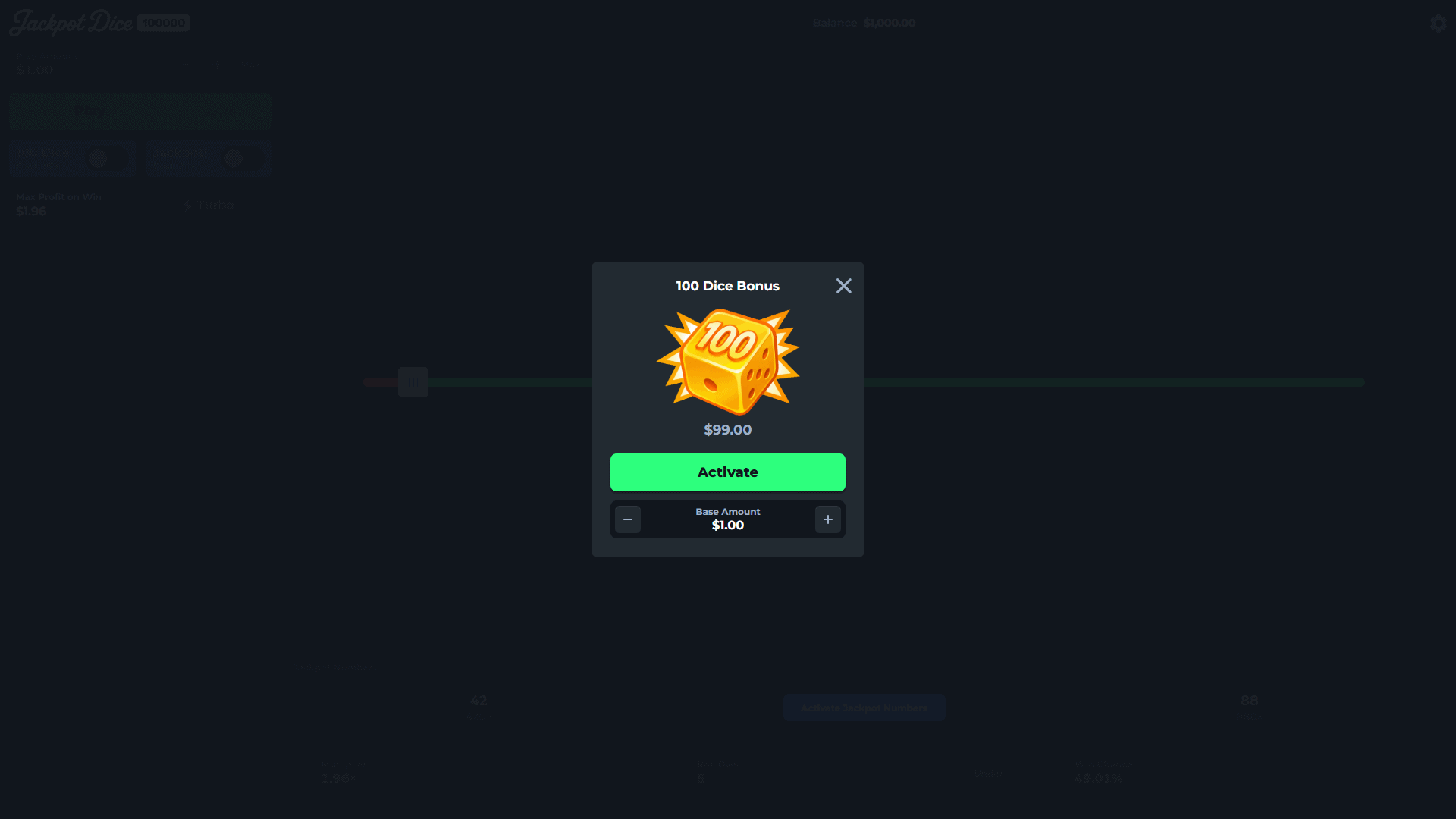 Jackpot Dice 100000 bonus buy menu