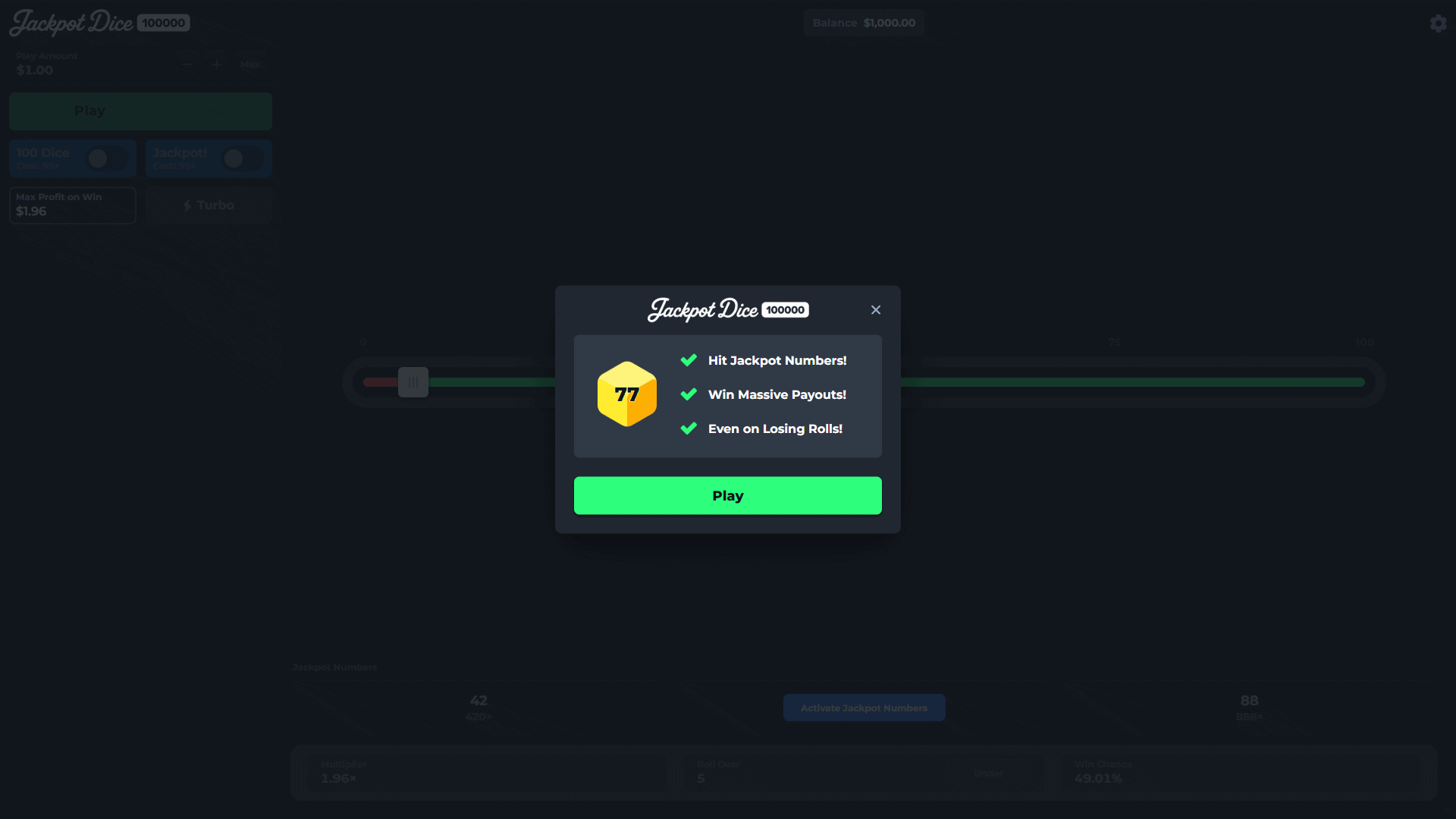 Jackpot Dice 100000 slot intro screen