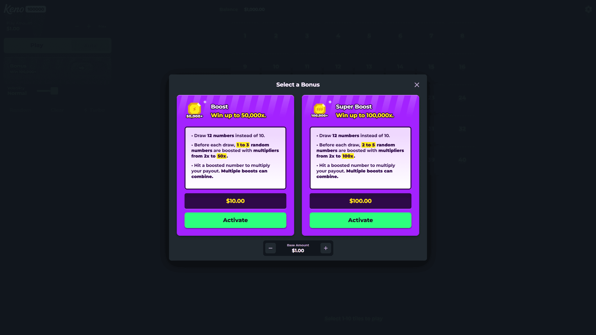 Keno 100000 bonus buy menu