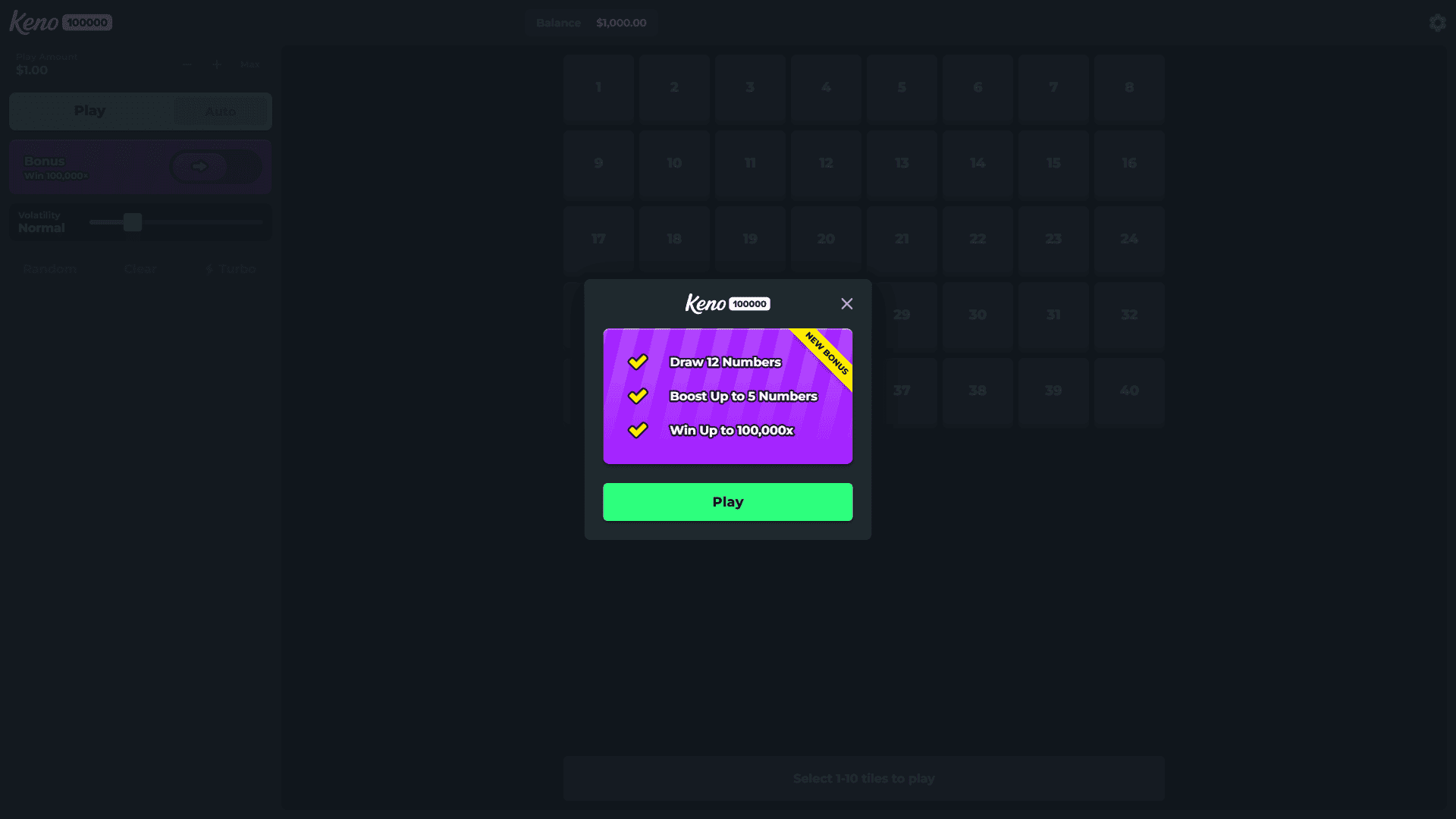Keno 100000 slot intro screen