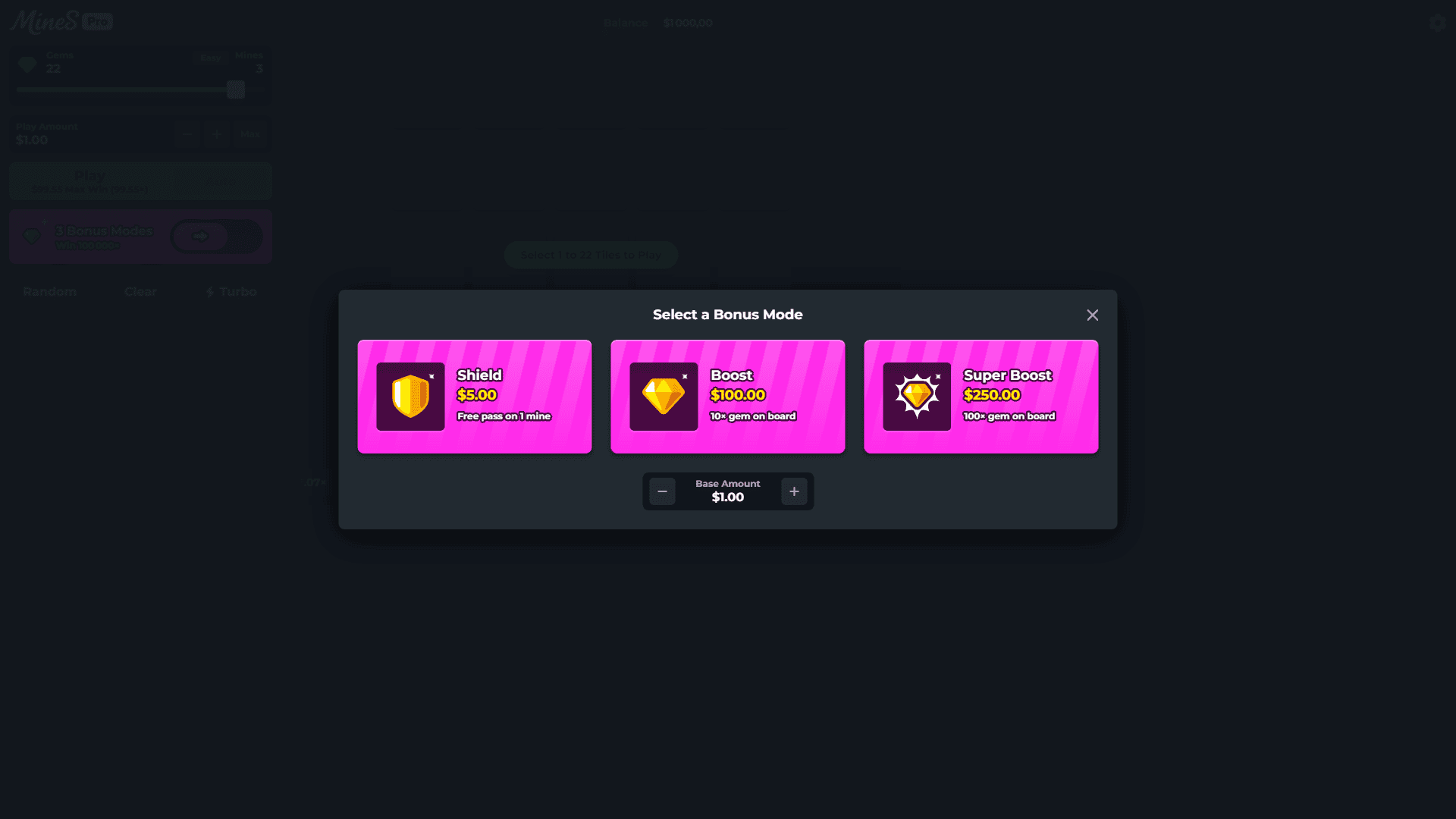 Mines Pro bonus buy menu