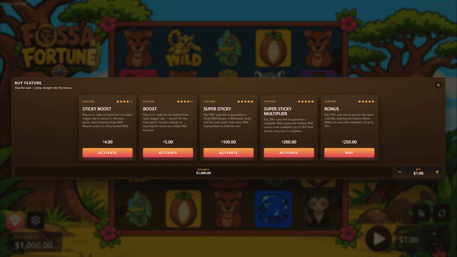 Fossa Fortune bonus buy menu