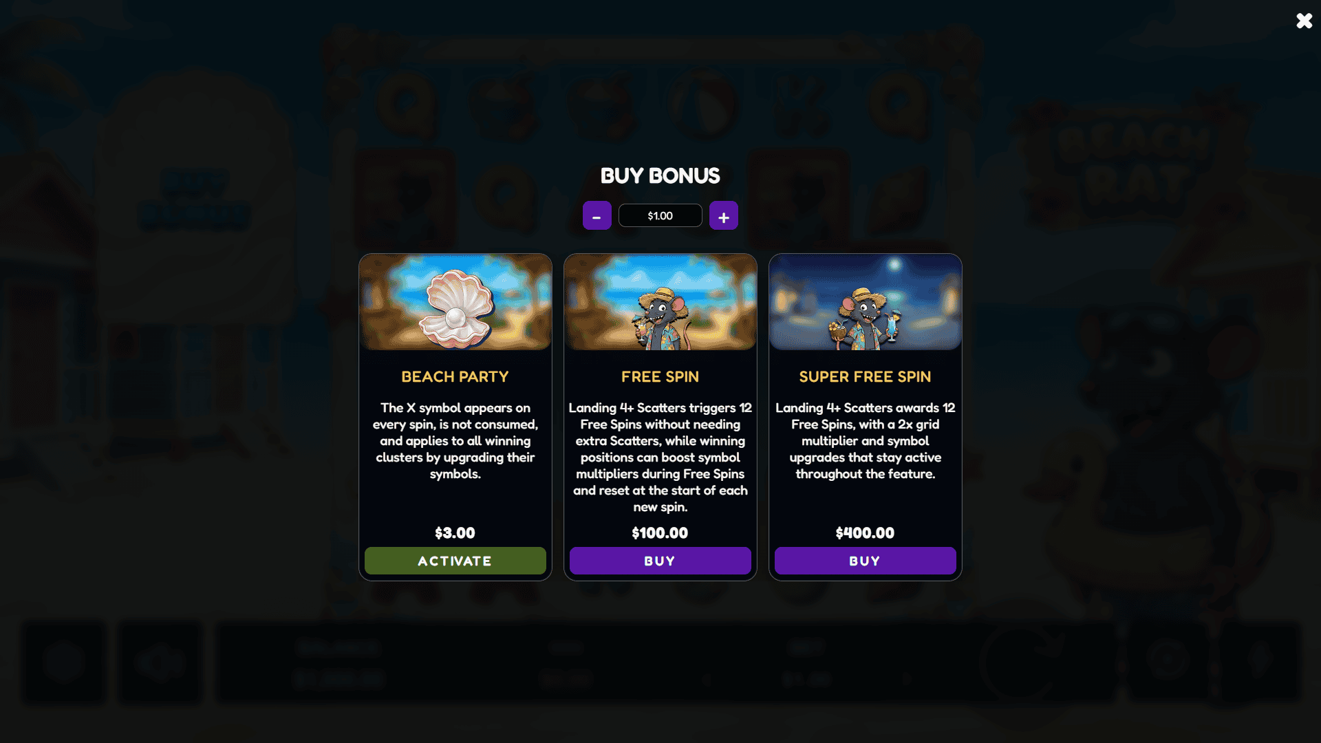 Beach Rat bonus buy menu