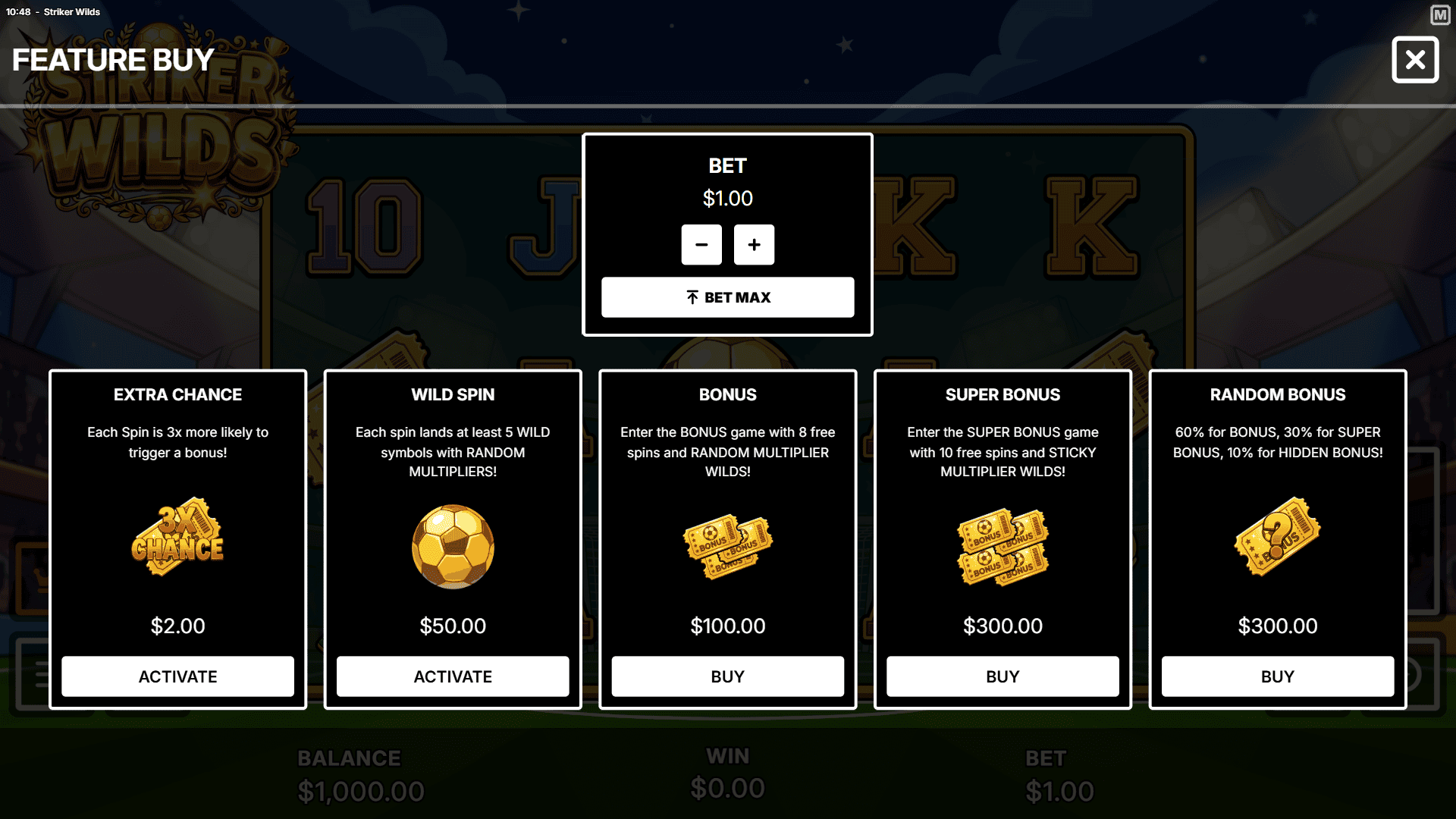 Striker Wilds bonus buy menu