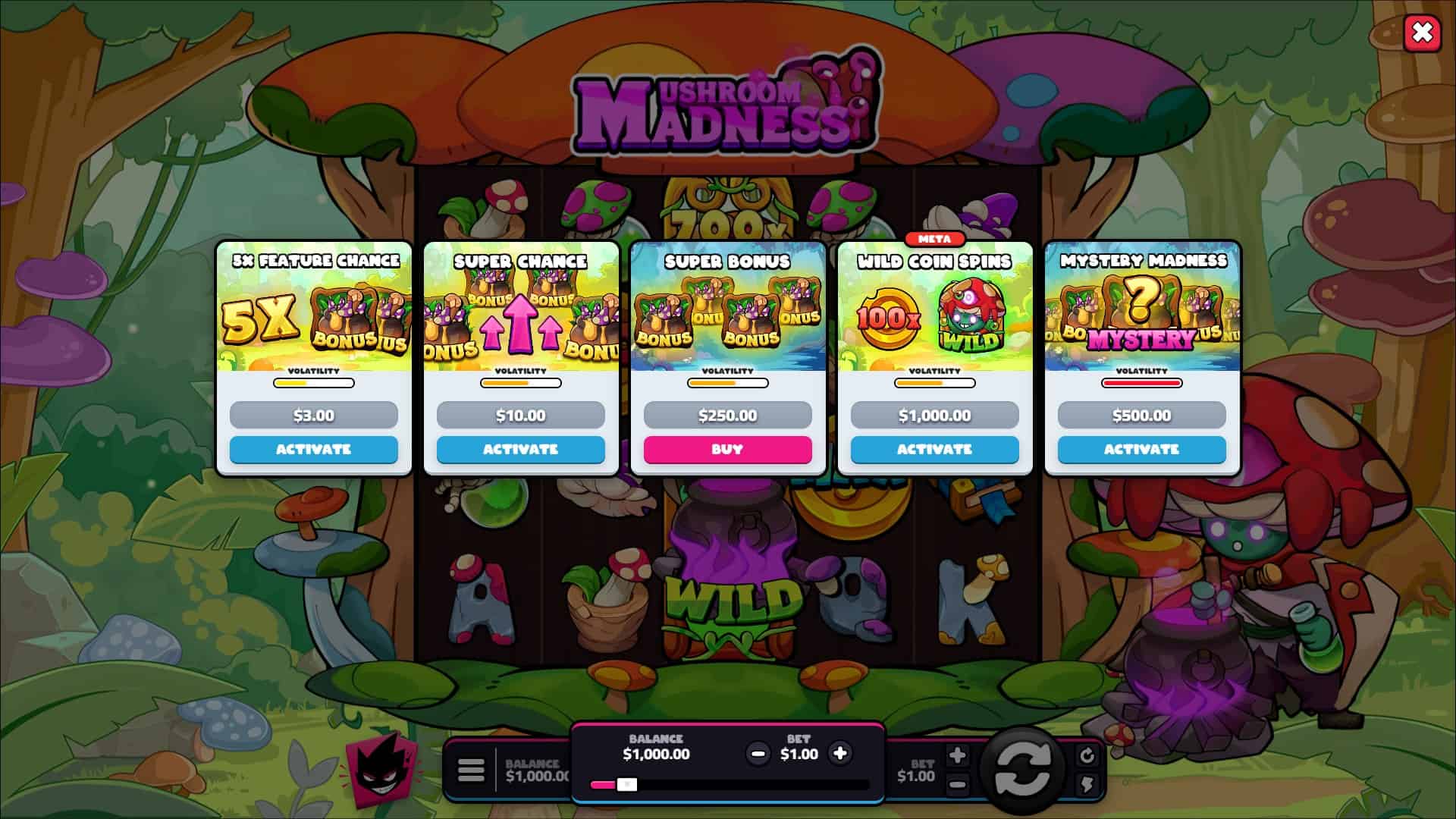 Mushroom Madness bonus buy menu