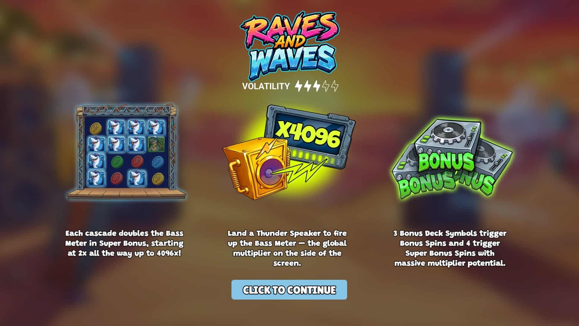 Raves and Waves slot intro screen