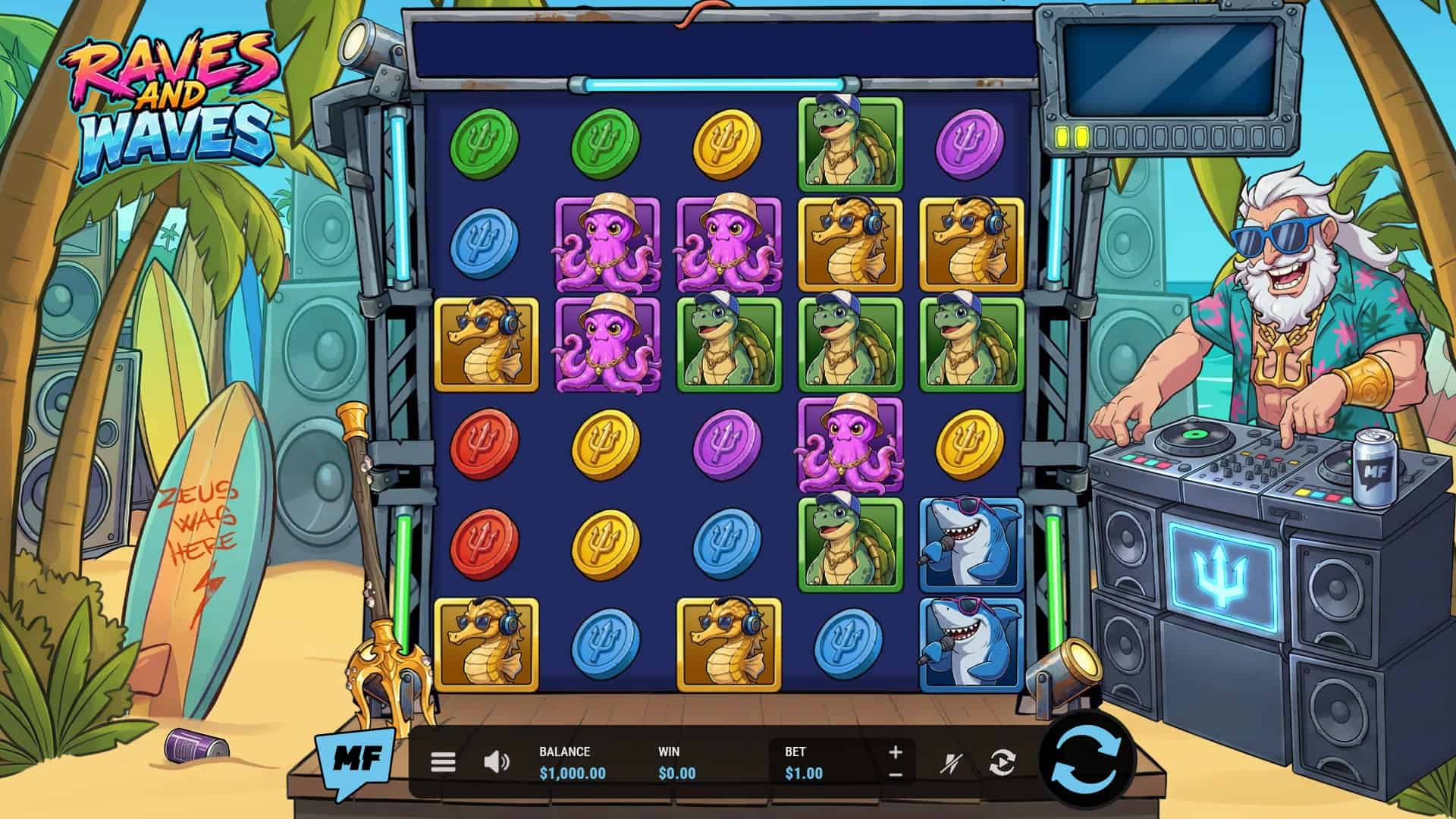 Raves and Waves slot gameplay reels