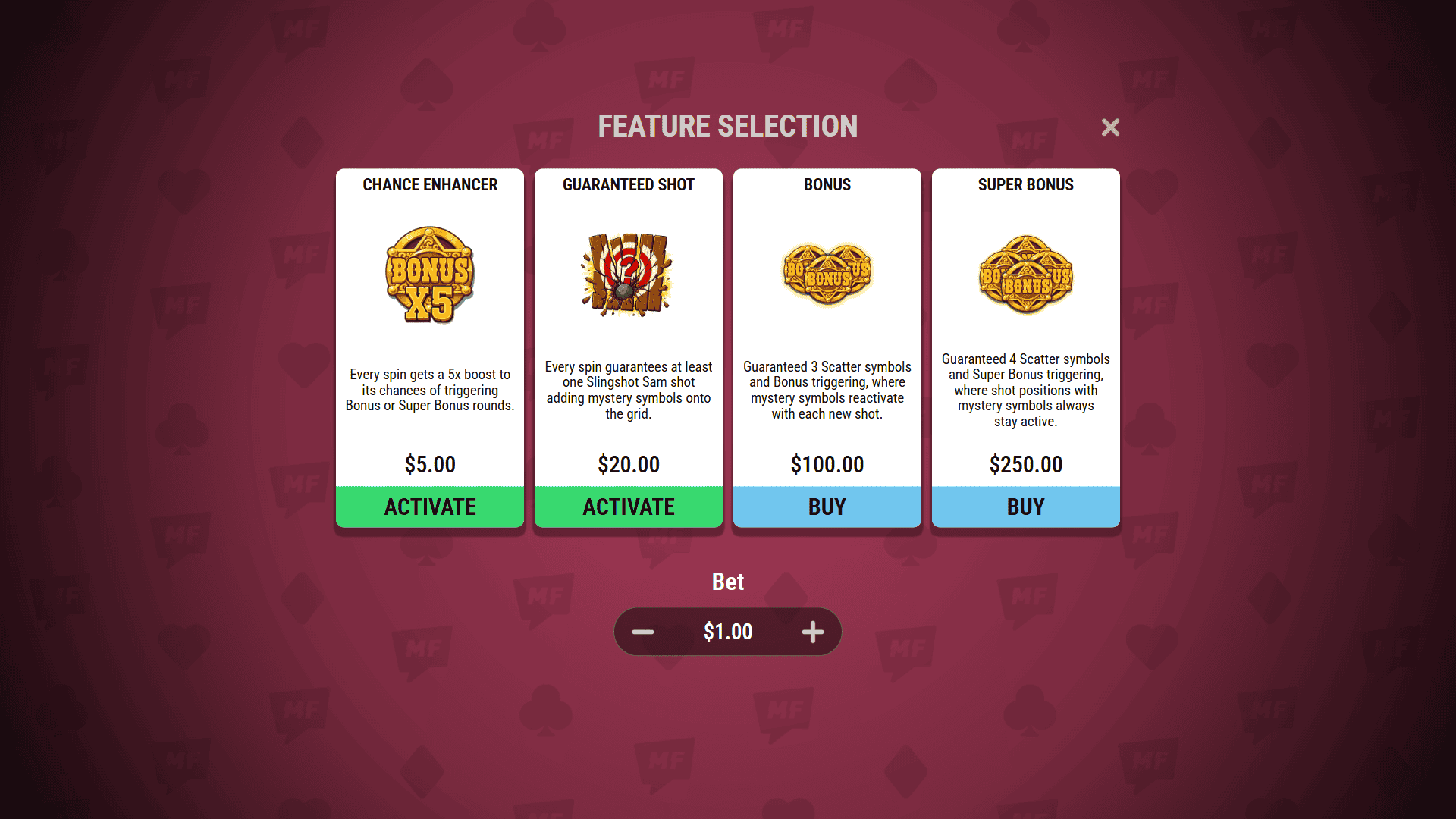Slingshot Sam bonus buy menu