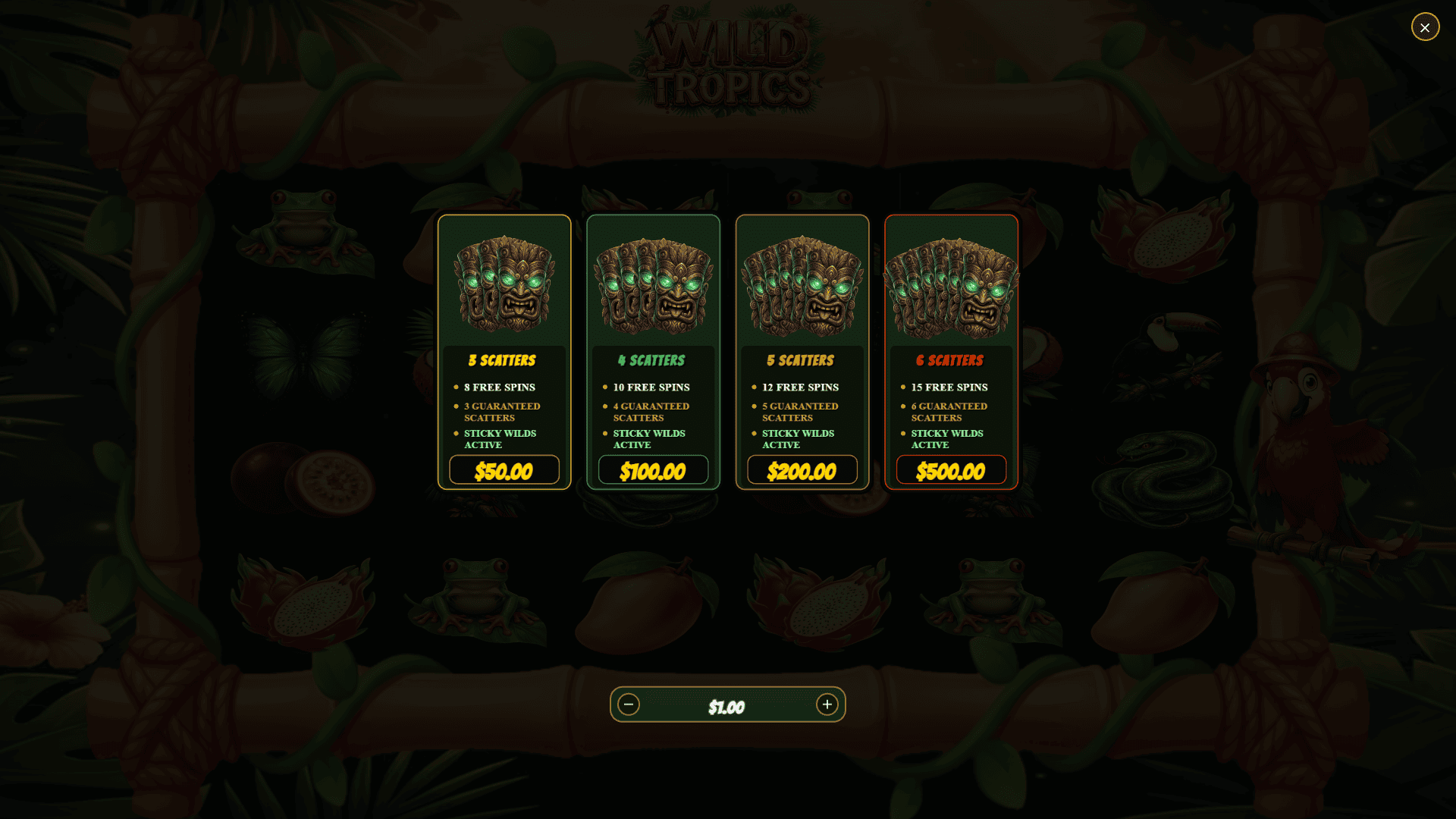Wild Tropics bonus buy menu