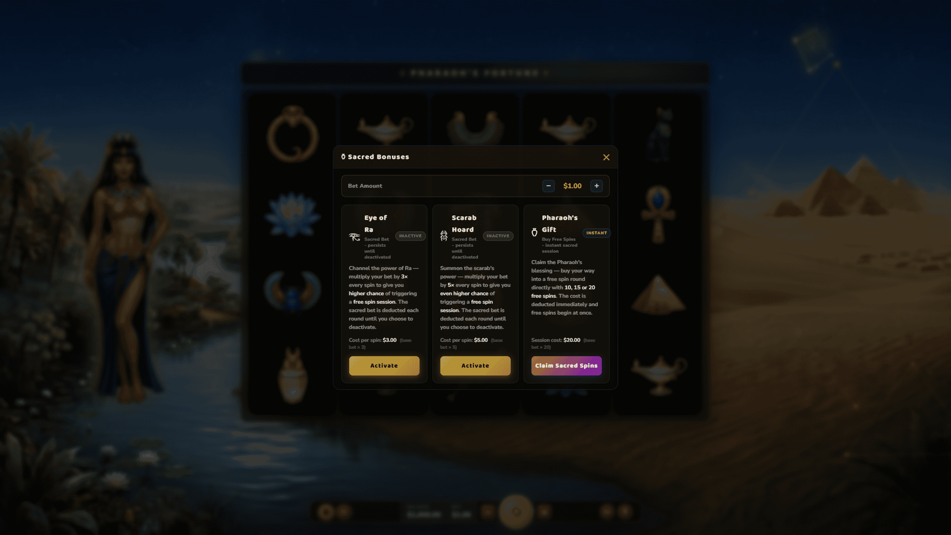 Pharaoh’s Fortune bonus buy menu