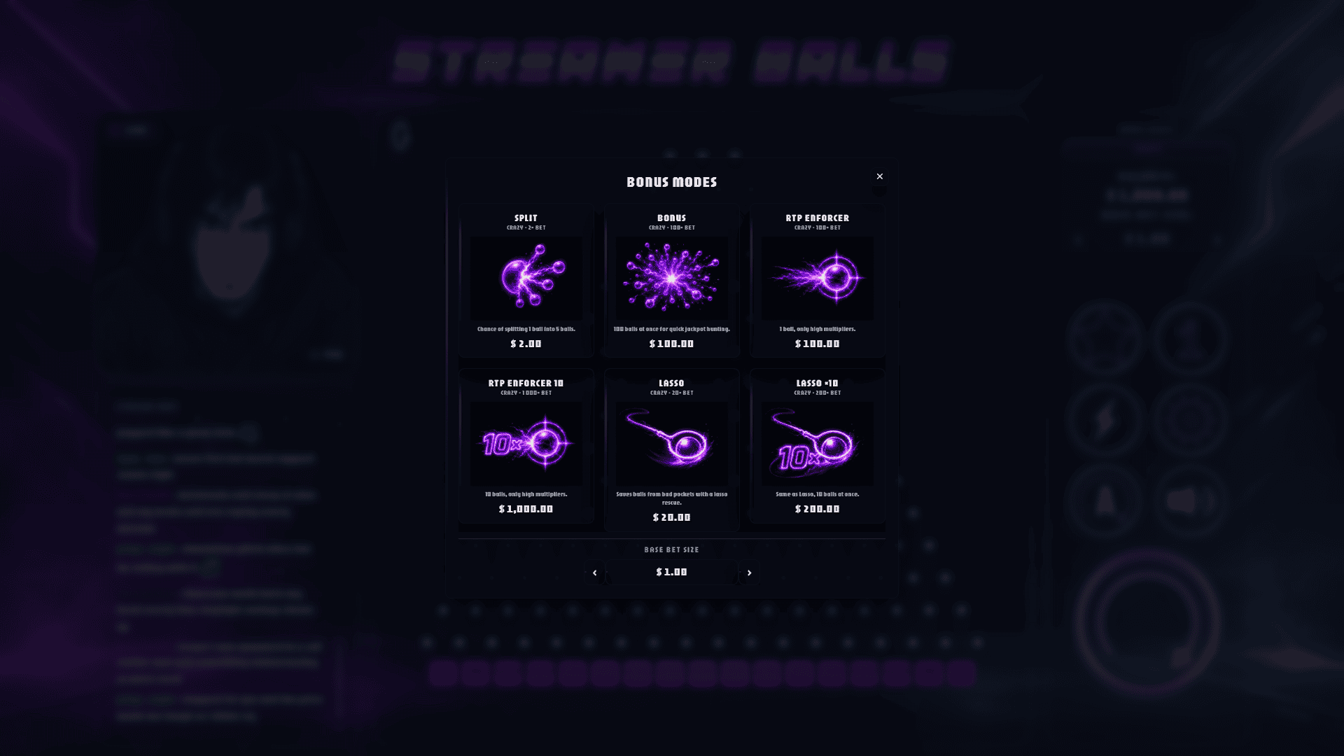 Streamer Balls bonus buy menu