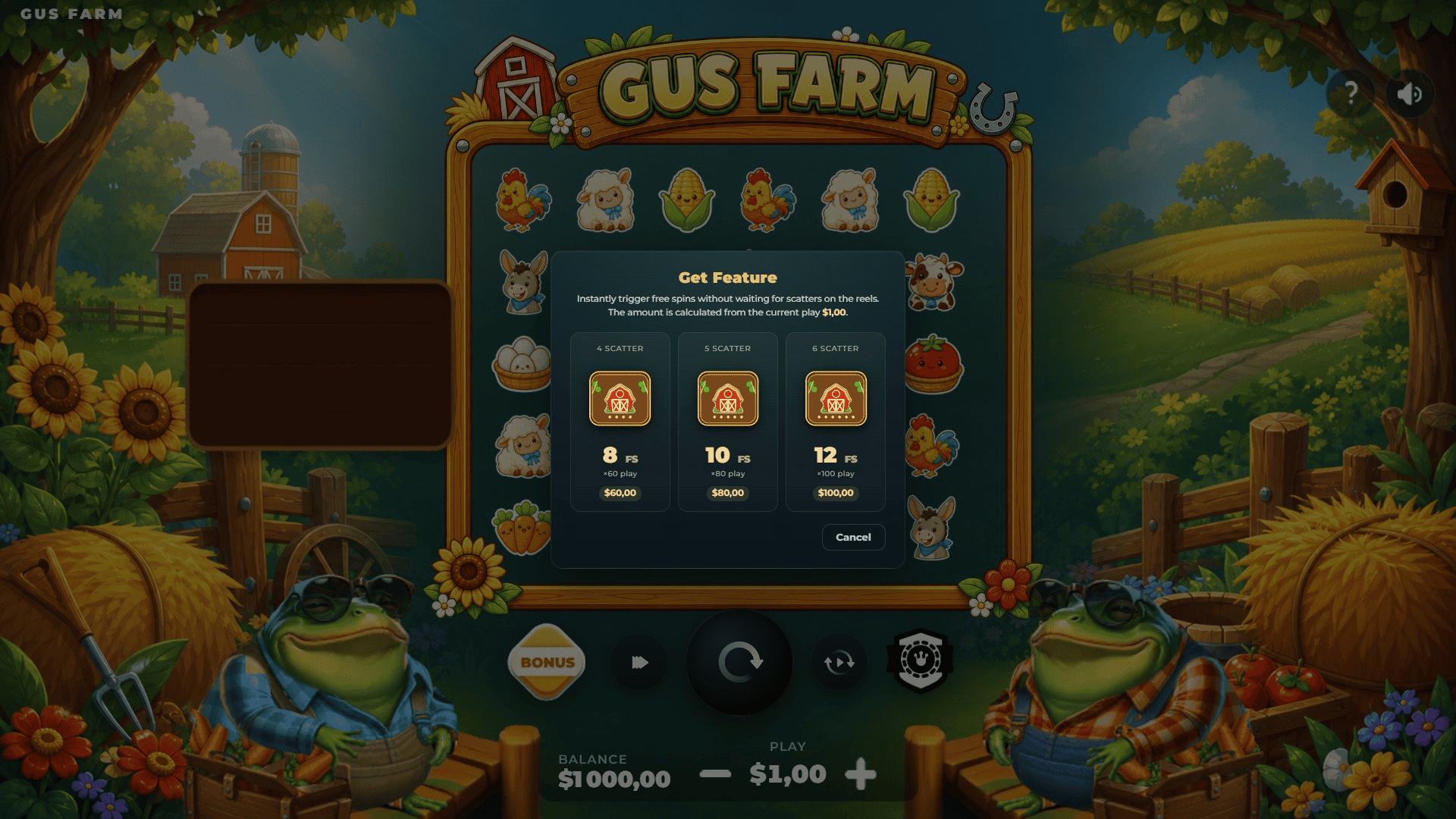 Gus Farm bonus buy menu