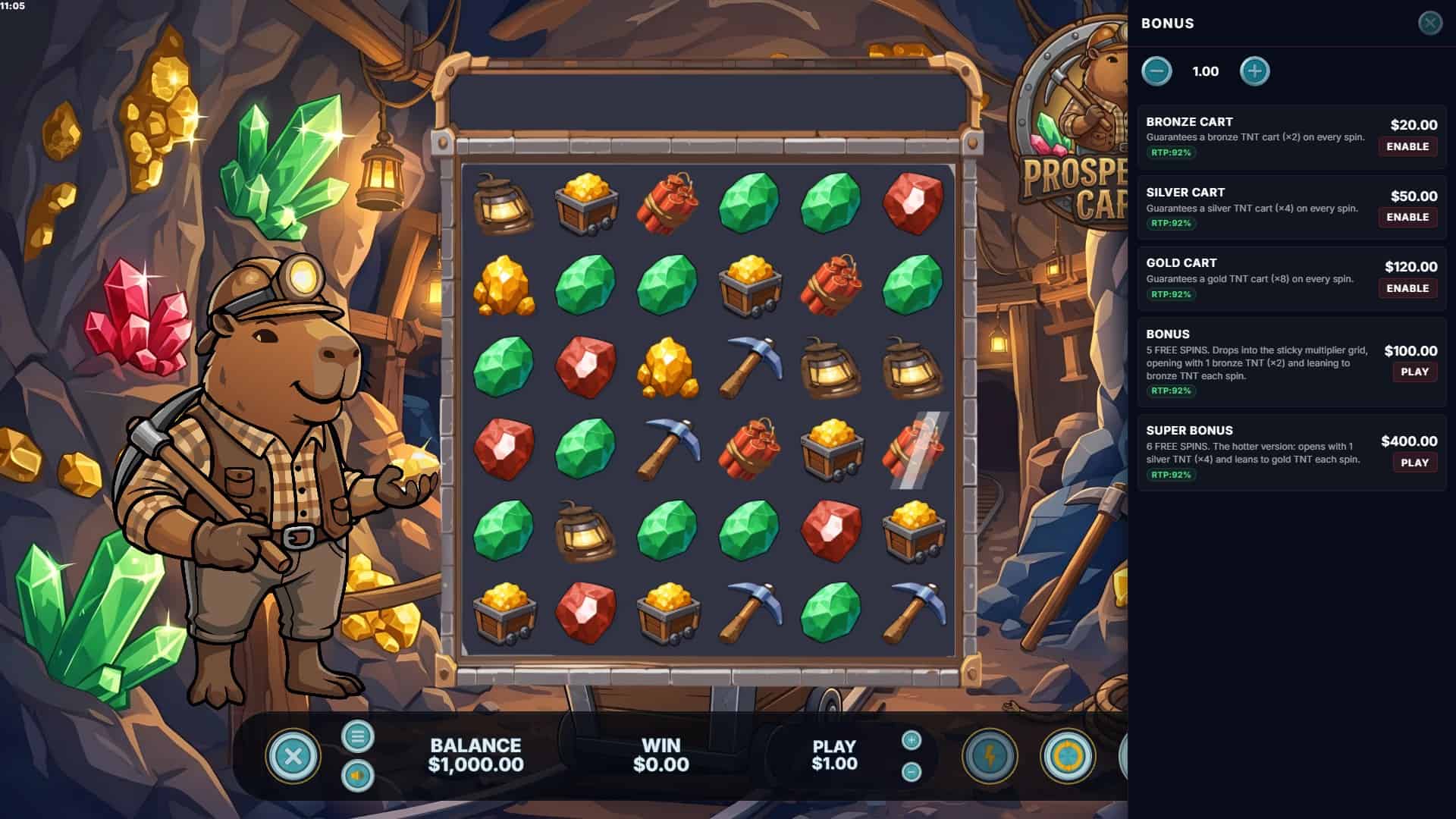 Prospector Capybara bonus buy menu