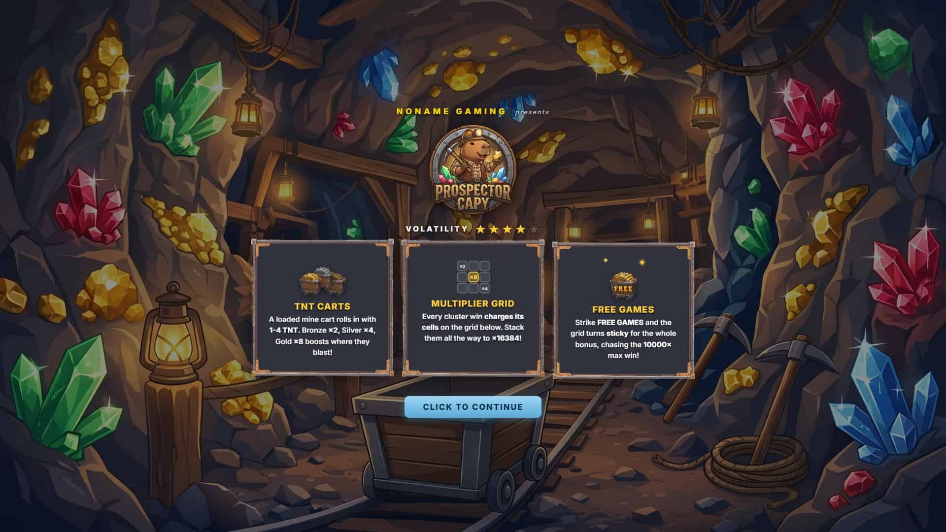 Prospector Capybara slot intro screen