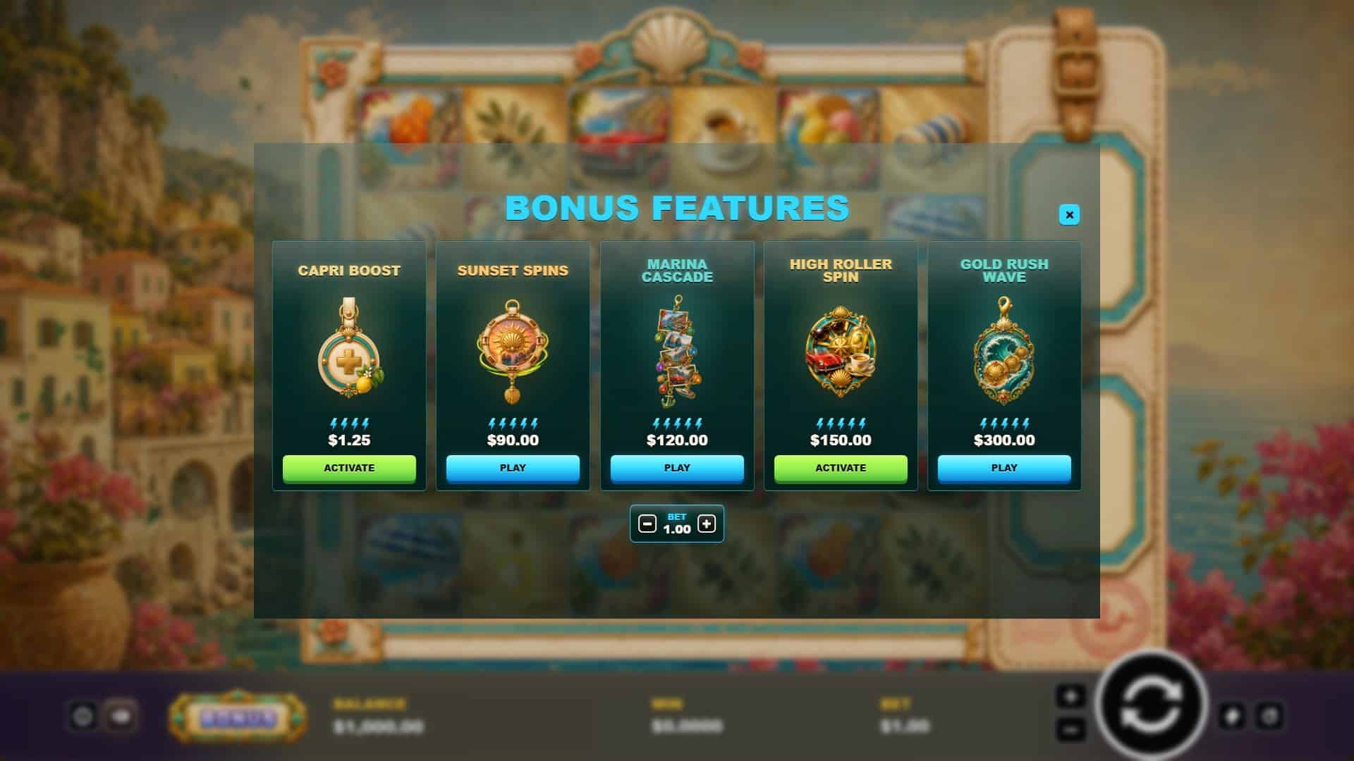 Capri Gold Rush bonus buy menu