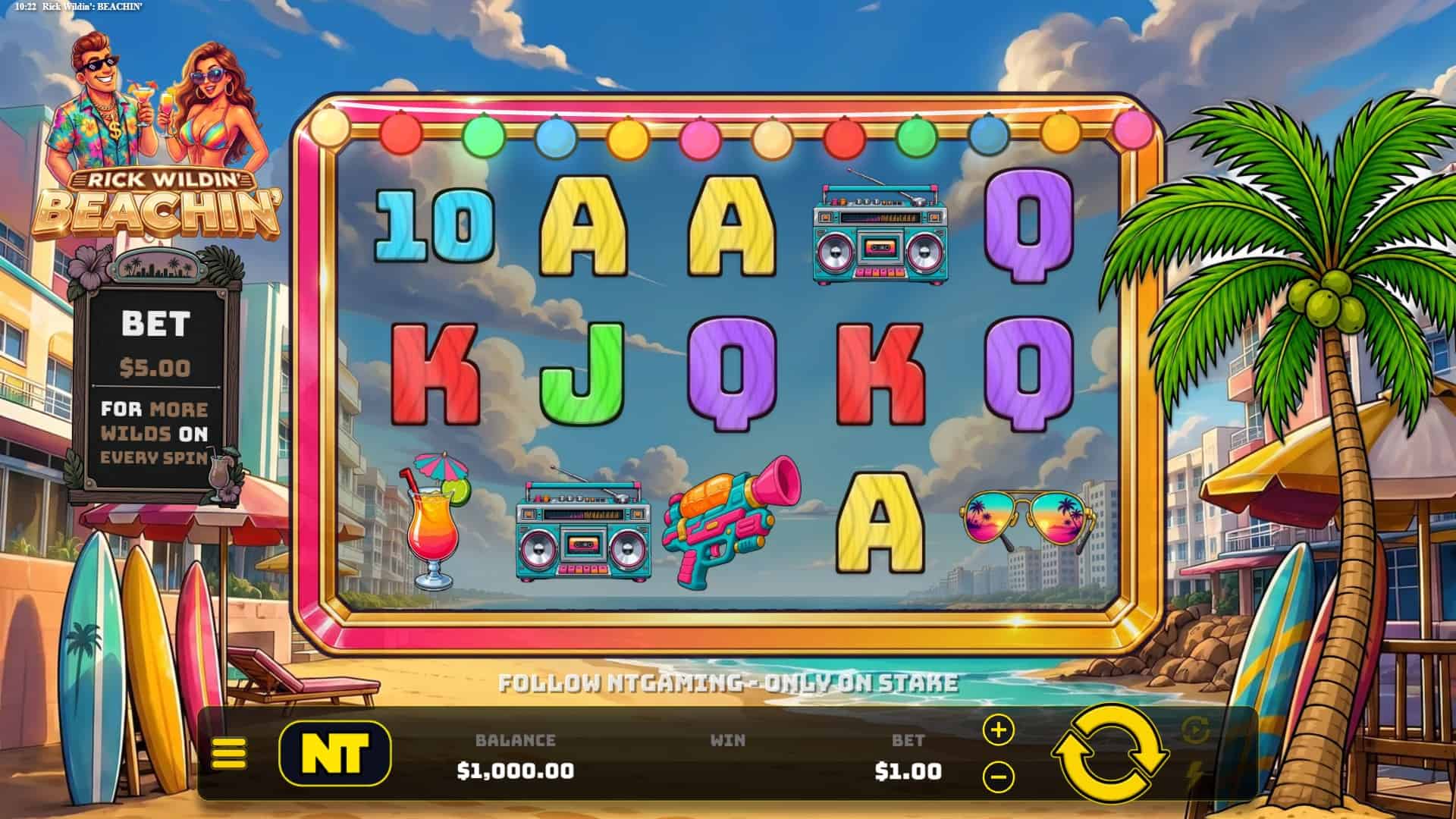 Rick Wildin: Beachin slot gameplay reels