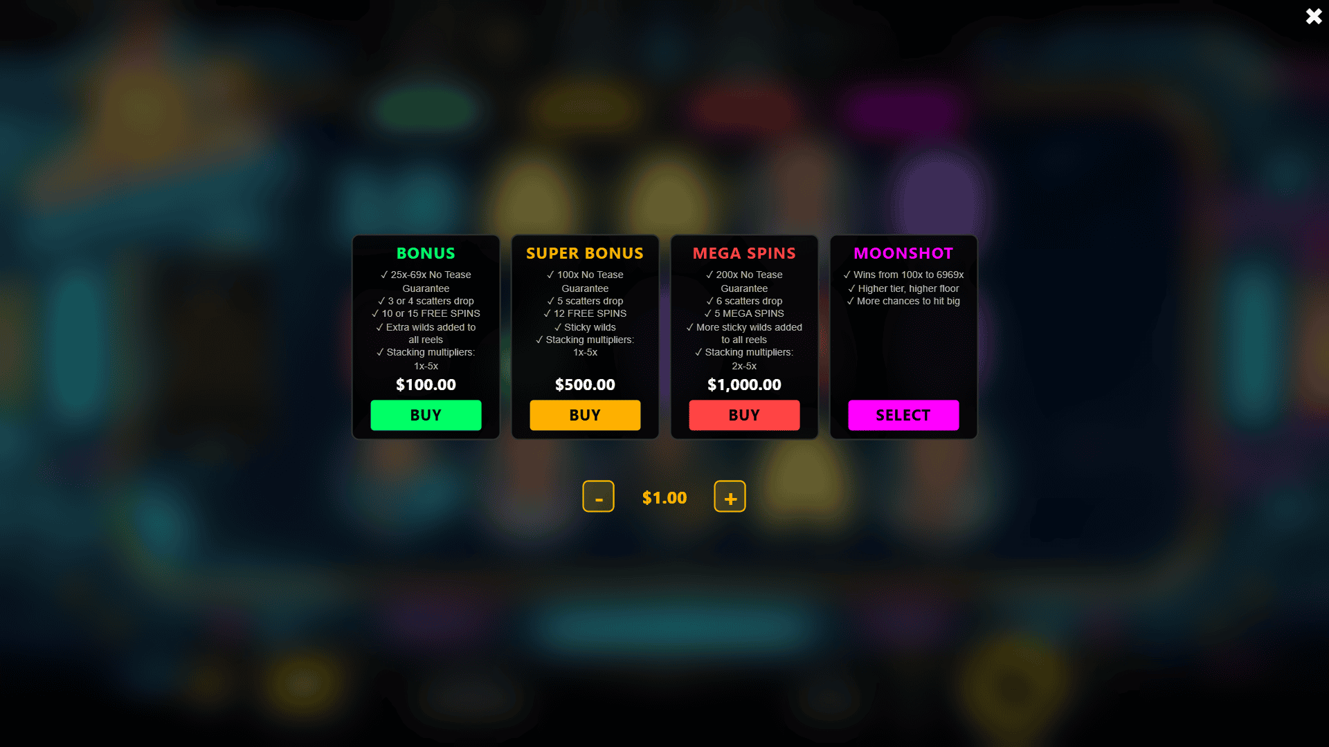 Rick Wildin' Moonshot bonus buy menu