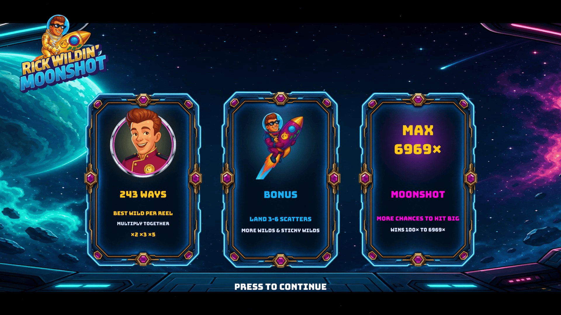 Rick Wildin' Moonshot slot intro screen