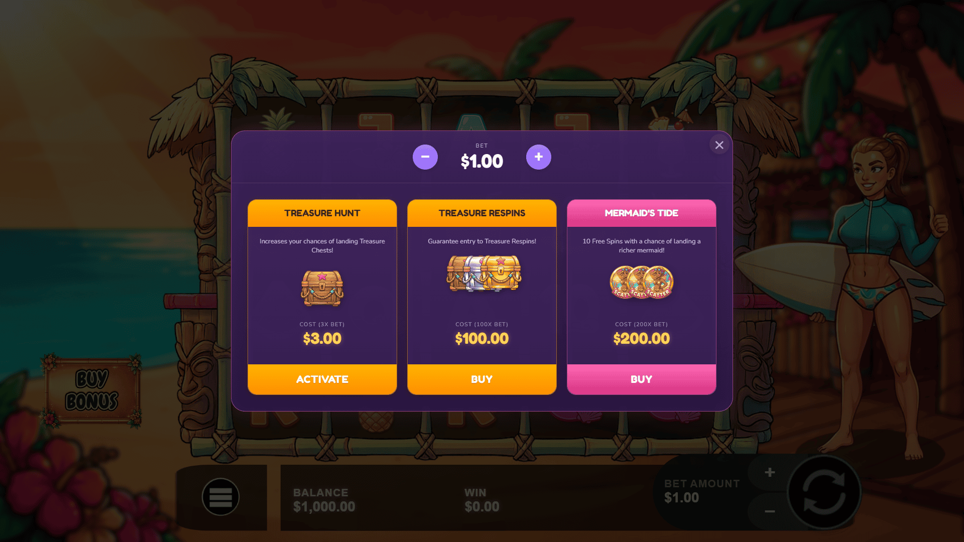 Tiki Tides bonus buy menu