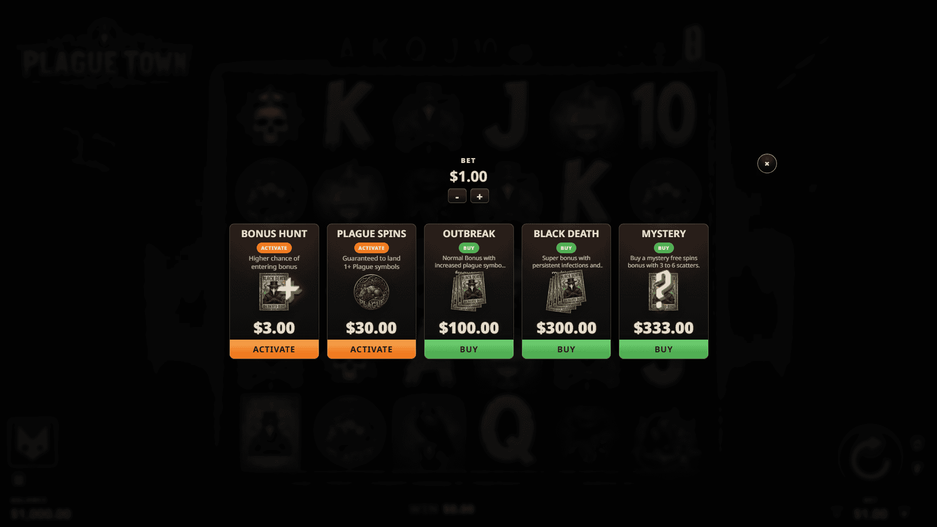 Plague Town bonus buy menu
