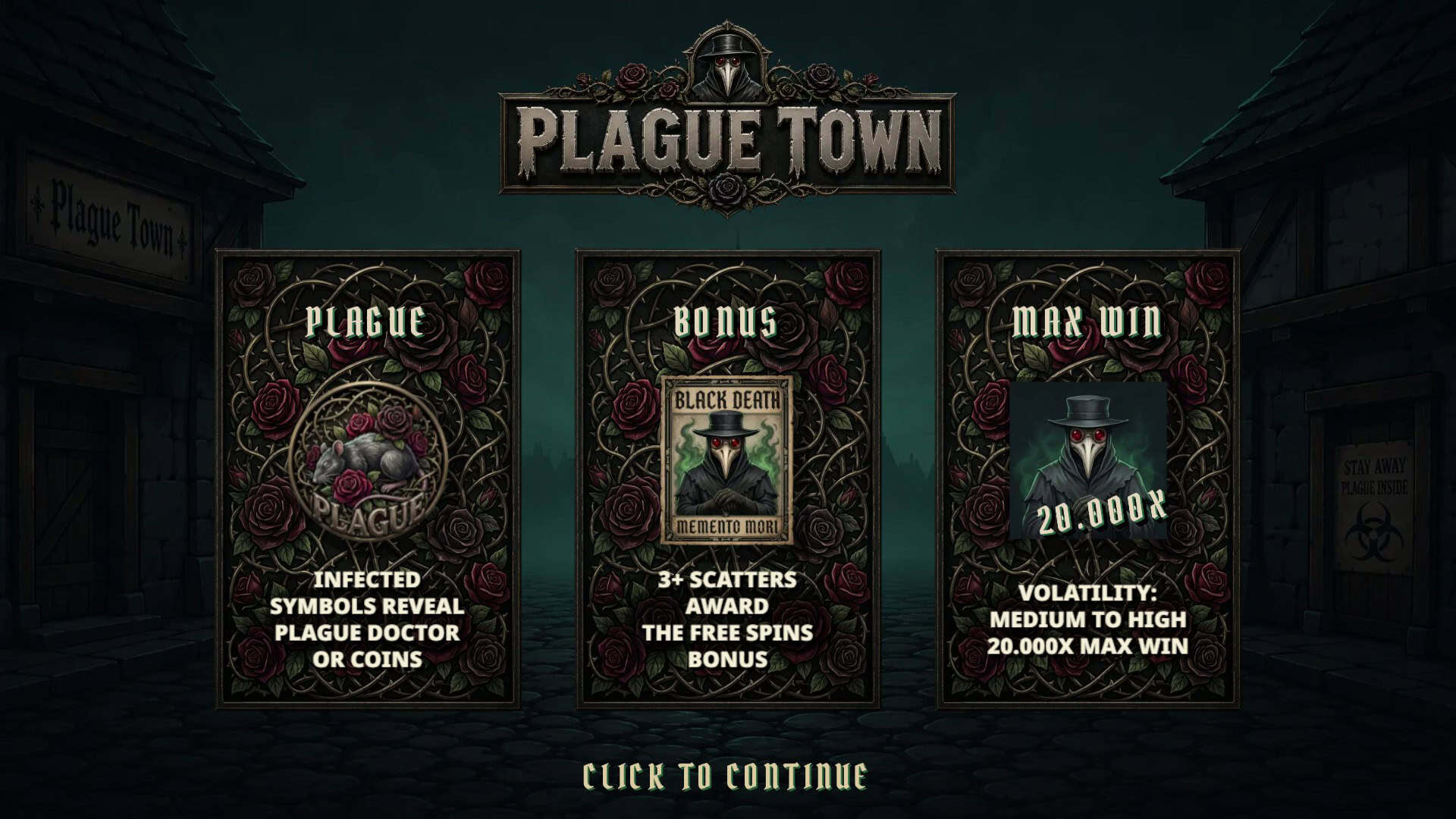 Plague Town slot intro screen