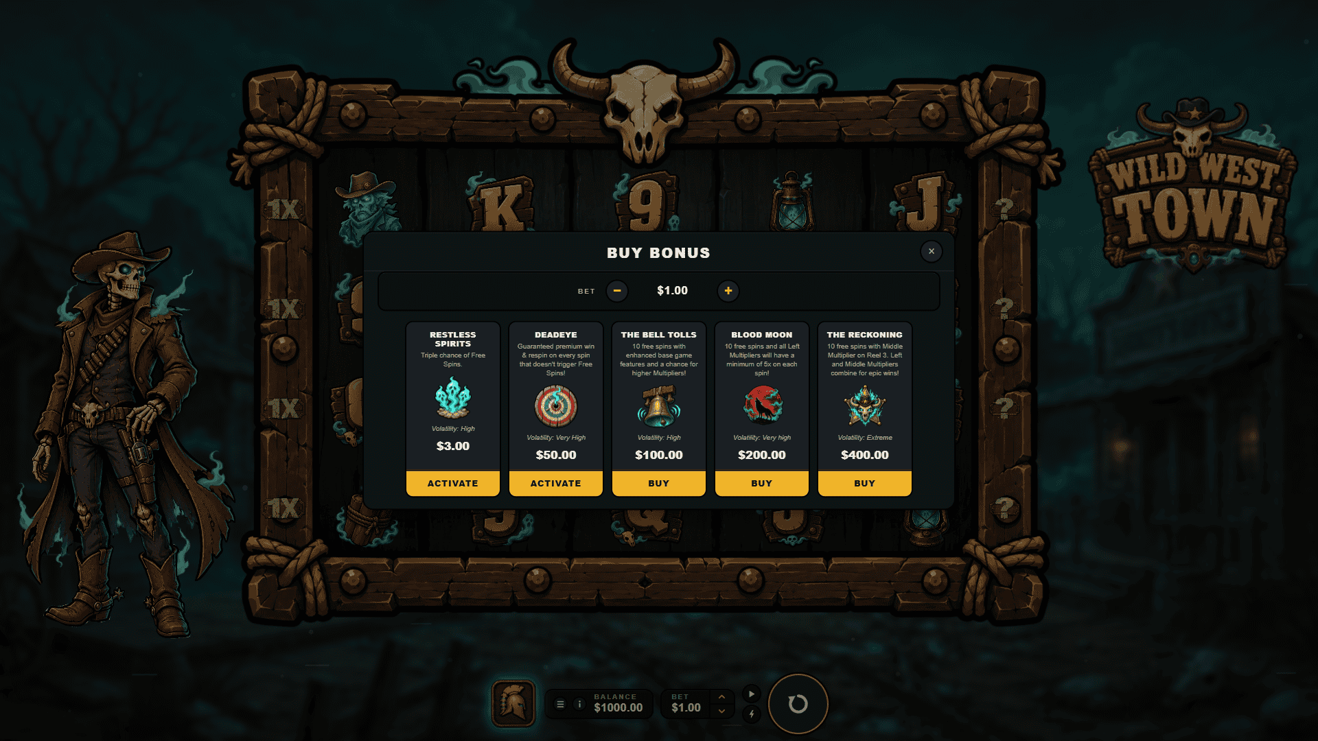 Wild West Town bonus buy menu