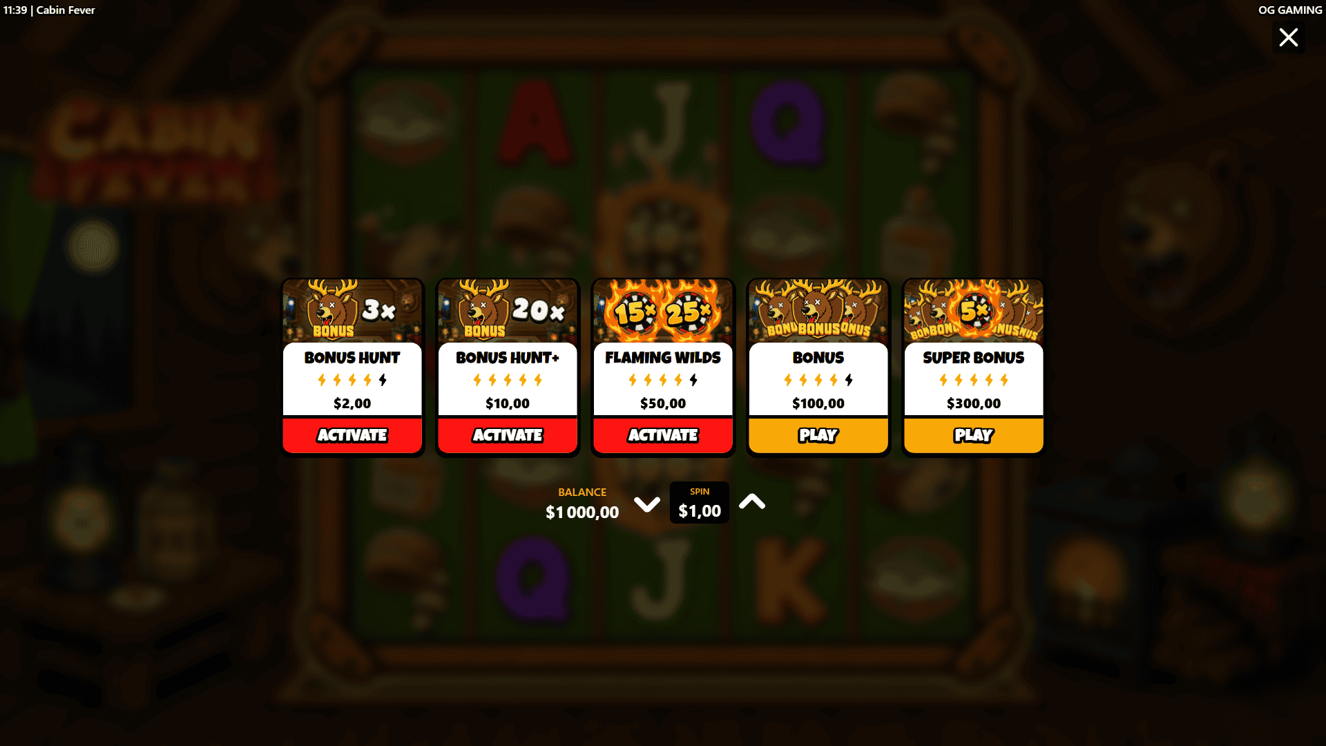 Cabin Fever bonus buy menu