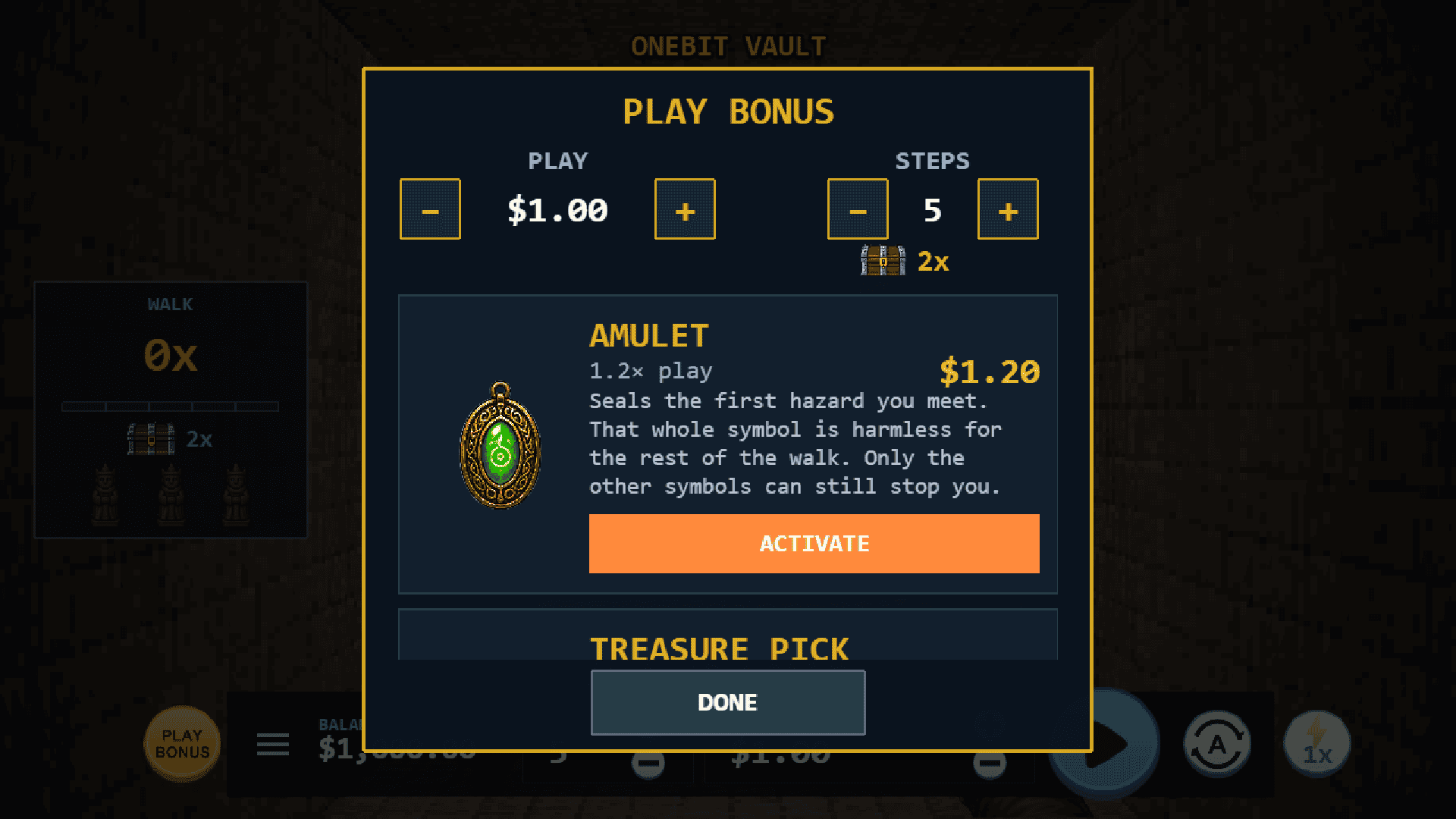 Onebit Vault bonus buy menu