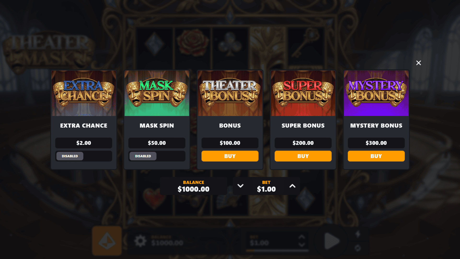 Theater Mask bonus buy menu