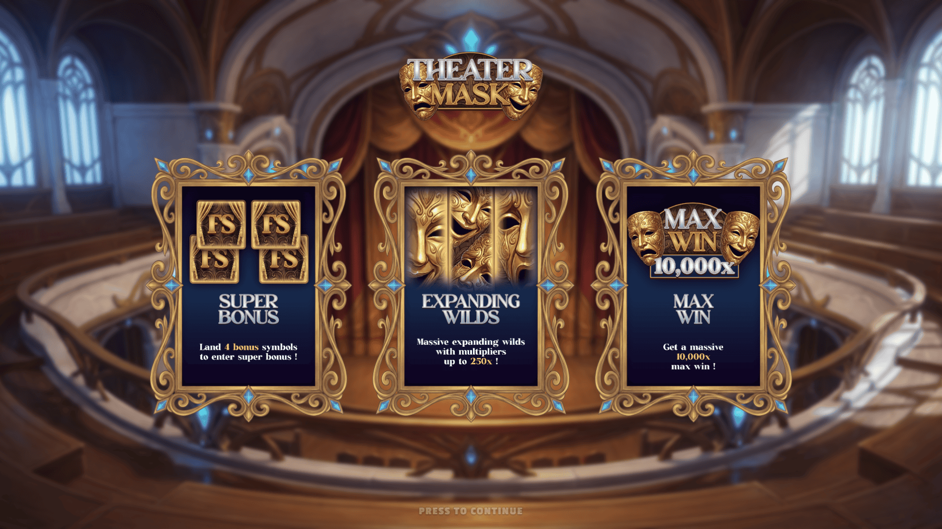 Theater Mask slot intro screen