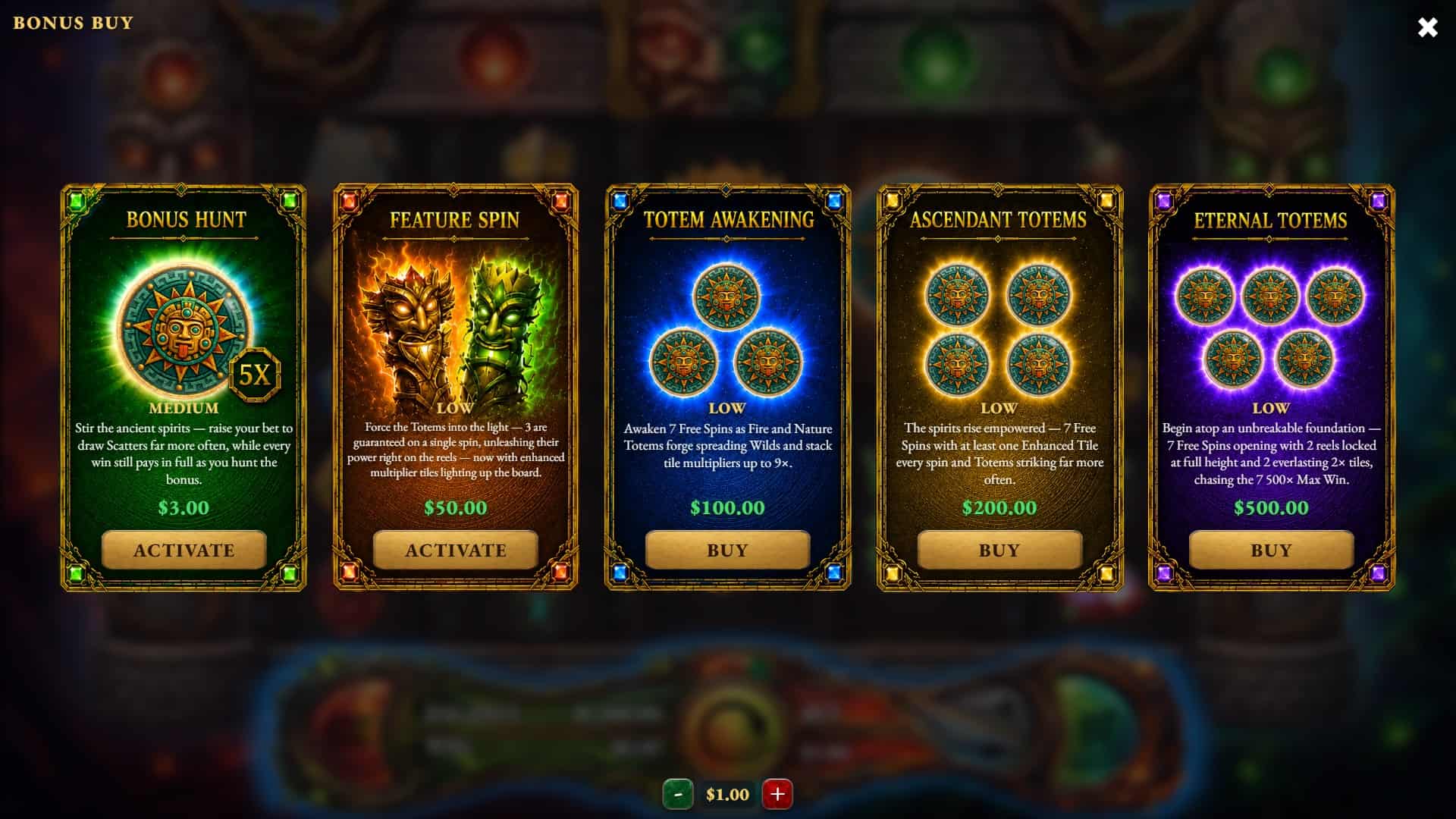Mythic Totems bonus buy menu