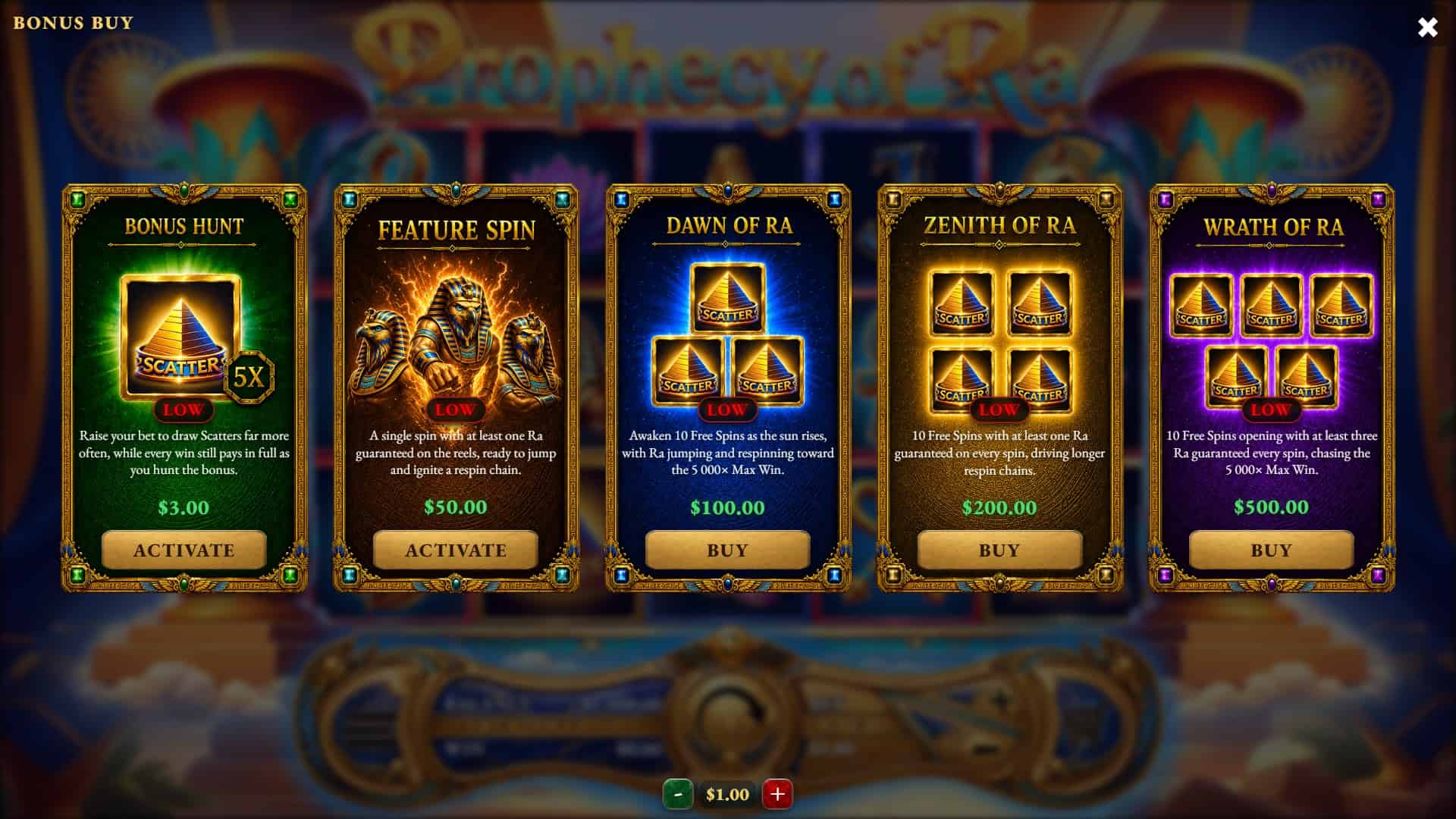 Prophecy of Ra bonus buy menu
