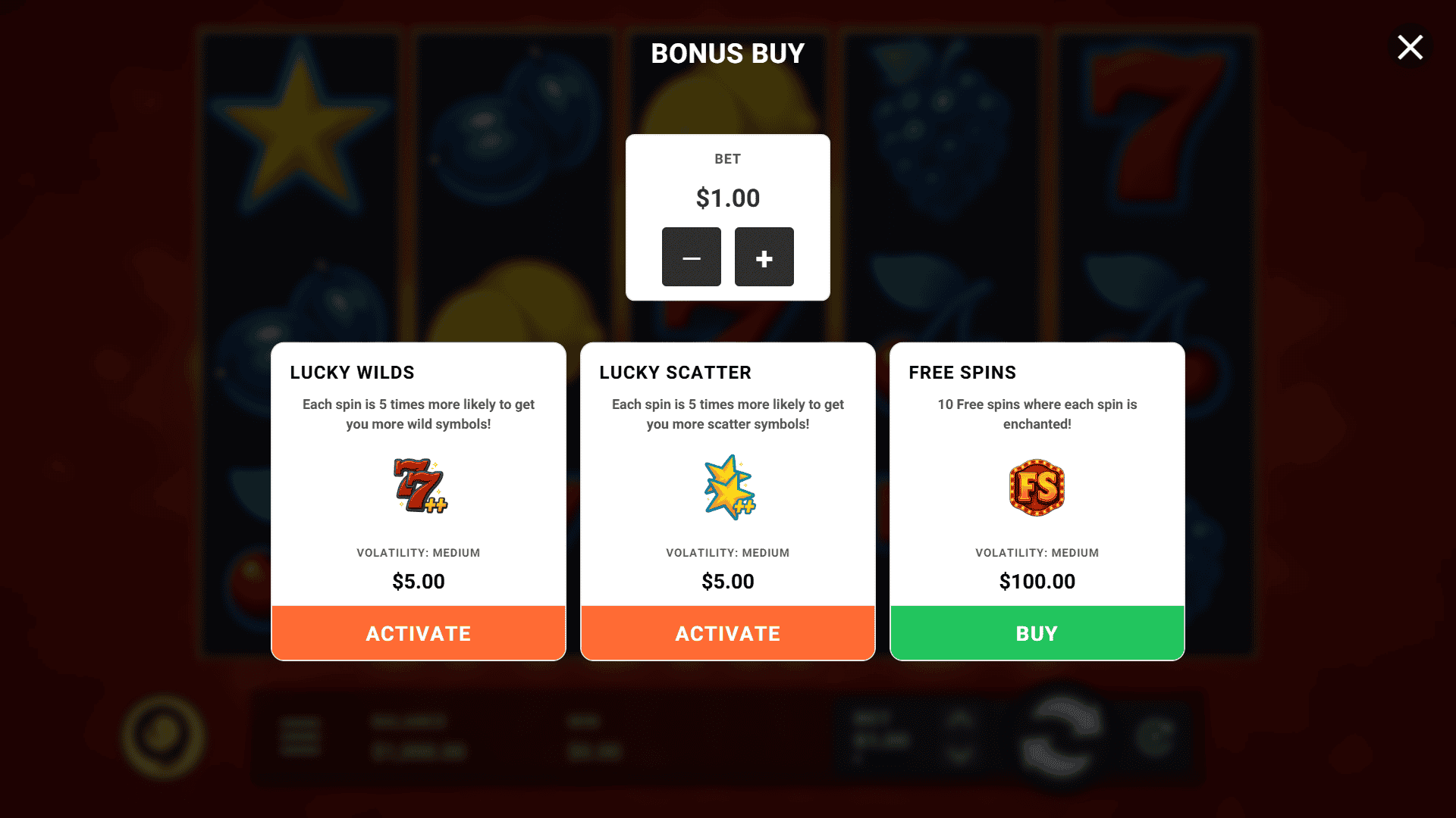 20 Lucky Fruits bonus buy menu