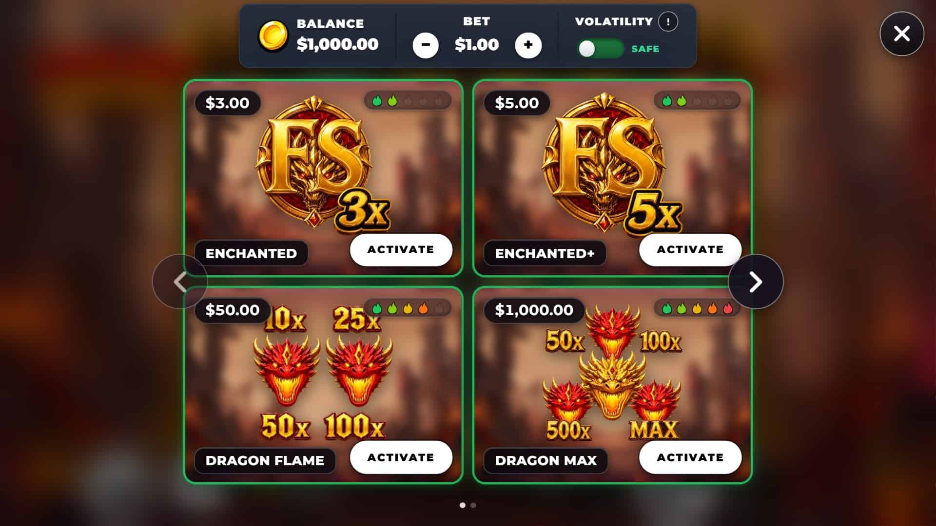 Dragon Descent bonus buy menu
