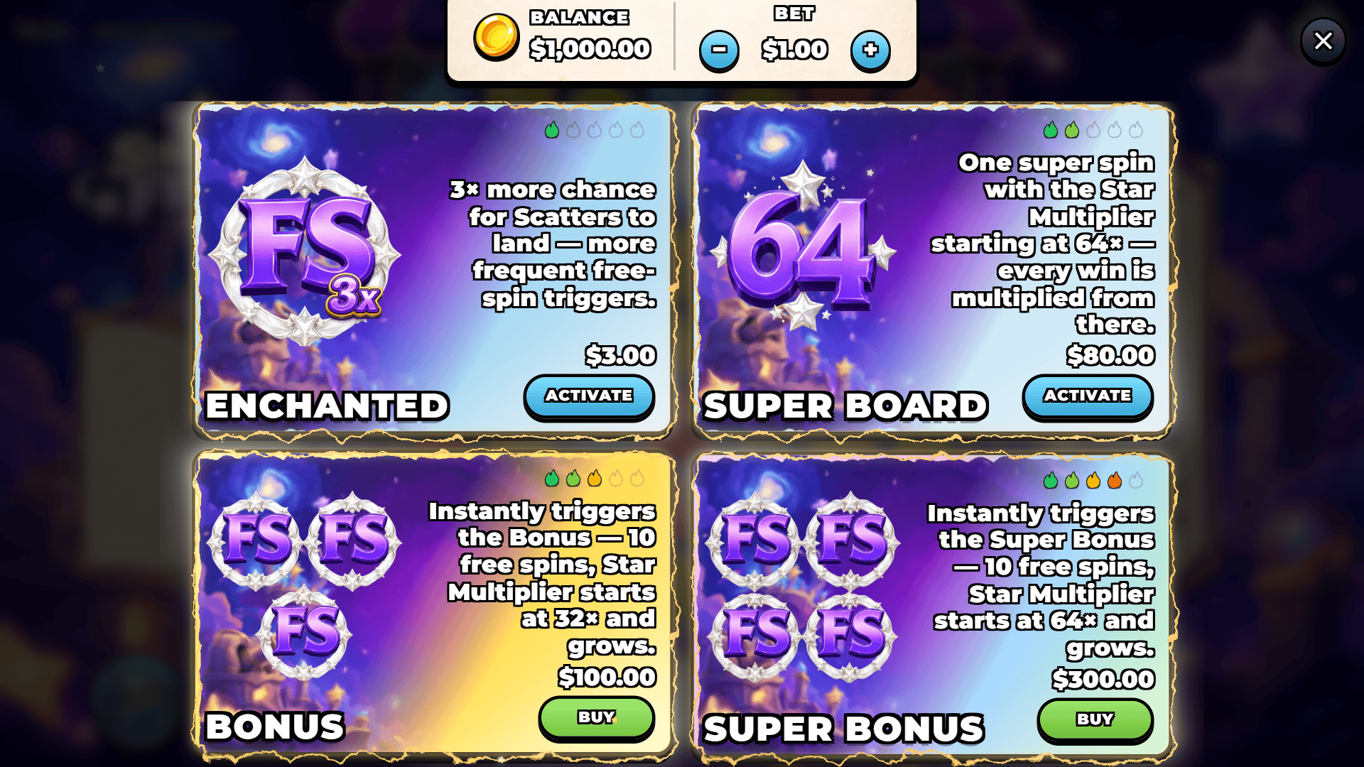 Starlight Fever bonus buy menu