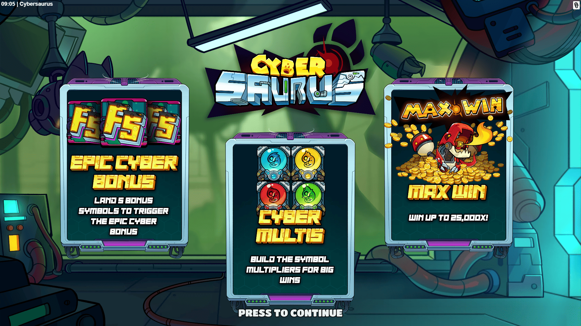Cybersaurus slot intro screen
