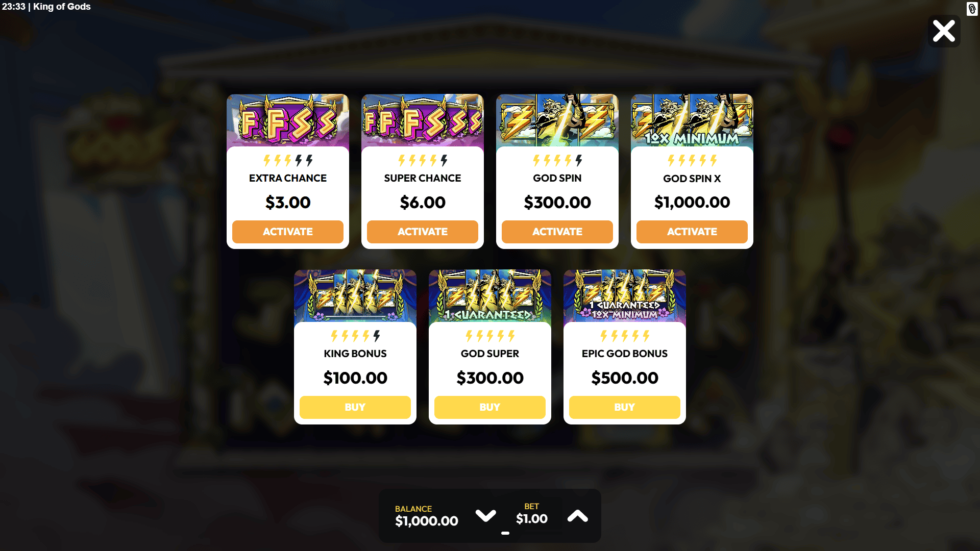 King of Gods bonus buy menu