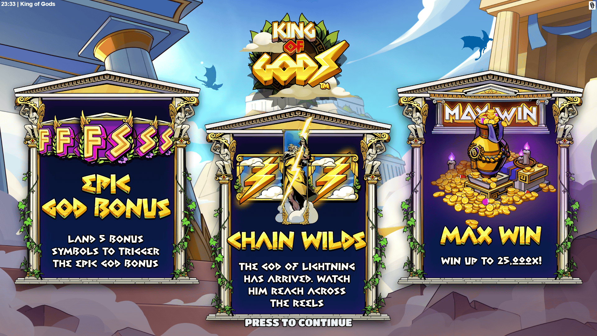 King of Gods slot intro screen