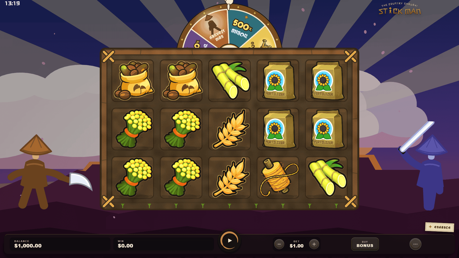 Country Samurai Stick Man slot gameplay reels
