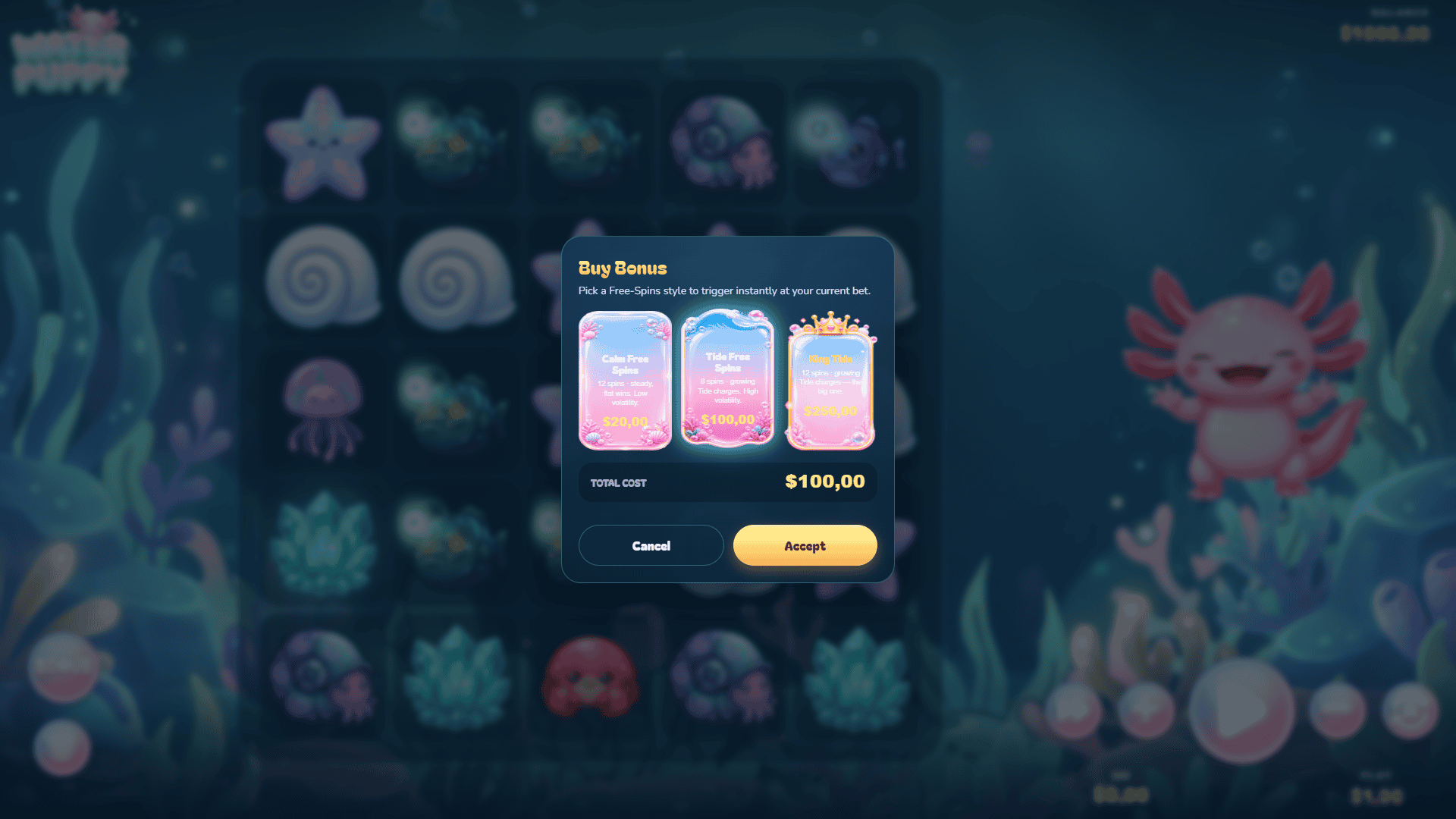 Water Puppy Cluster Pays bonus buy menu