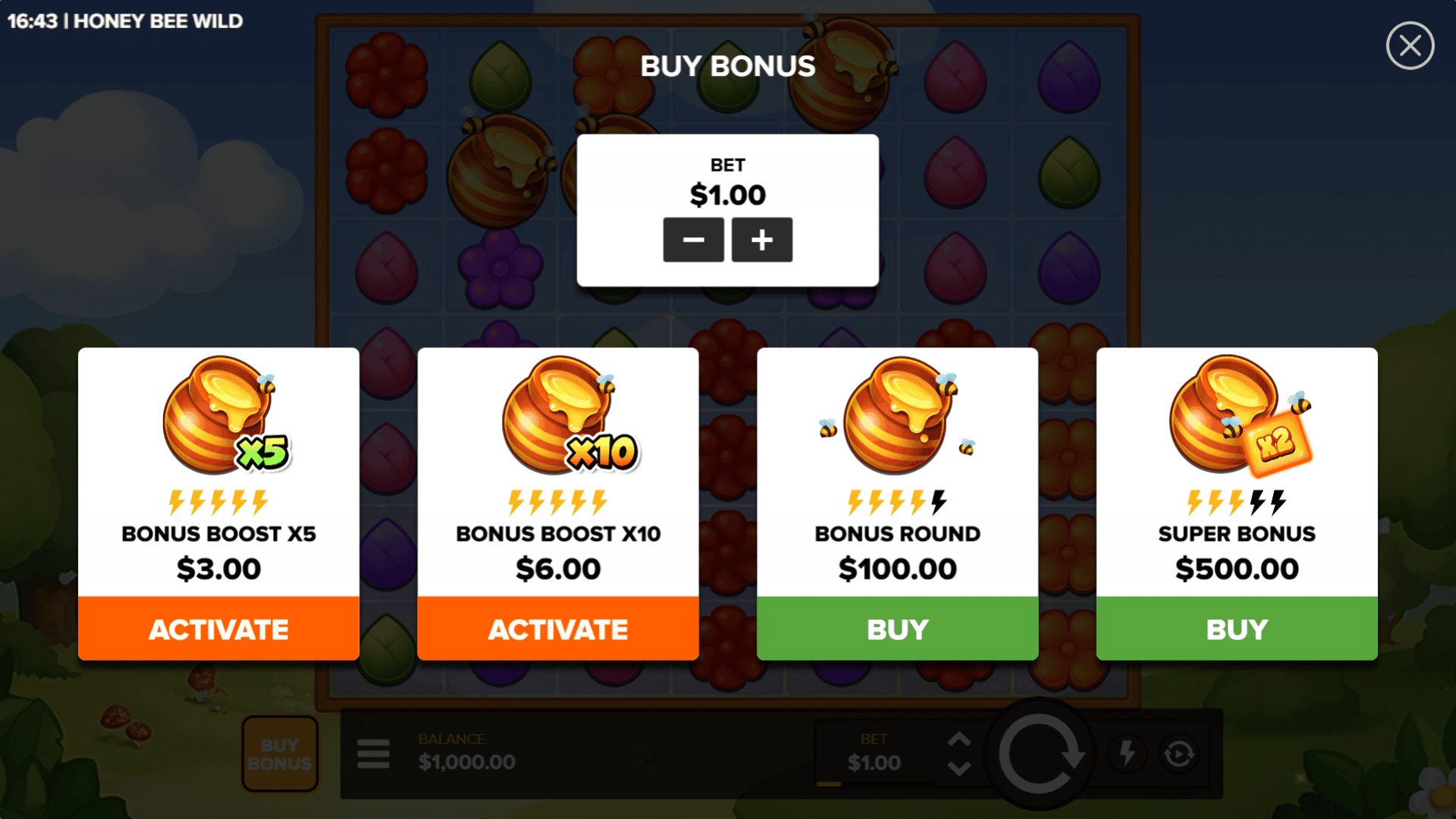 Honey Bee Wild Cluster Pays bonus buy menu