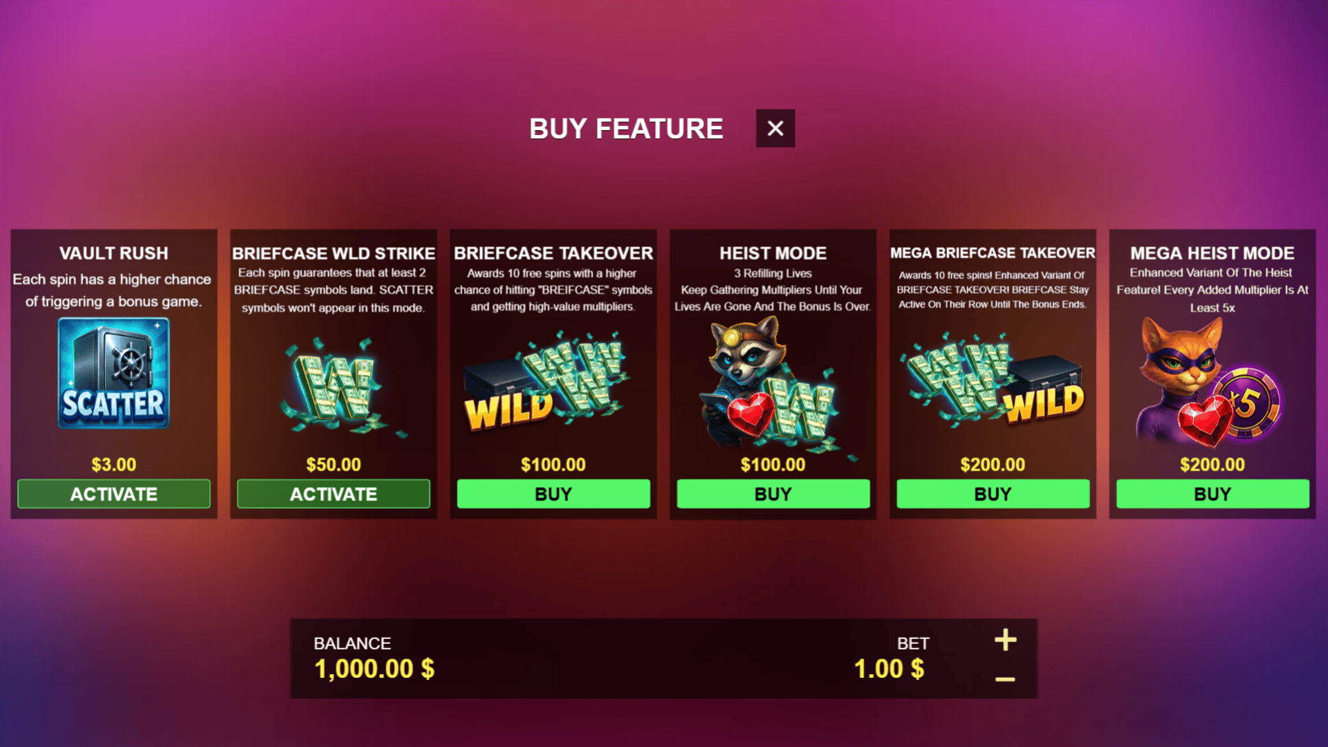 Casino Capers bonus buy menu